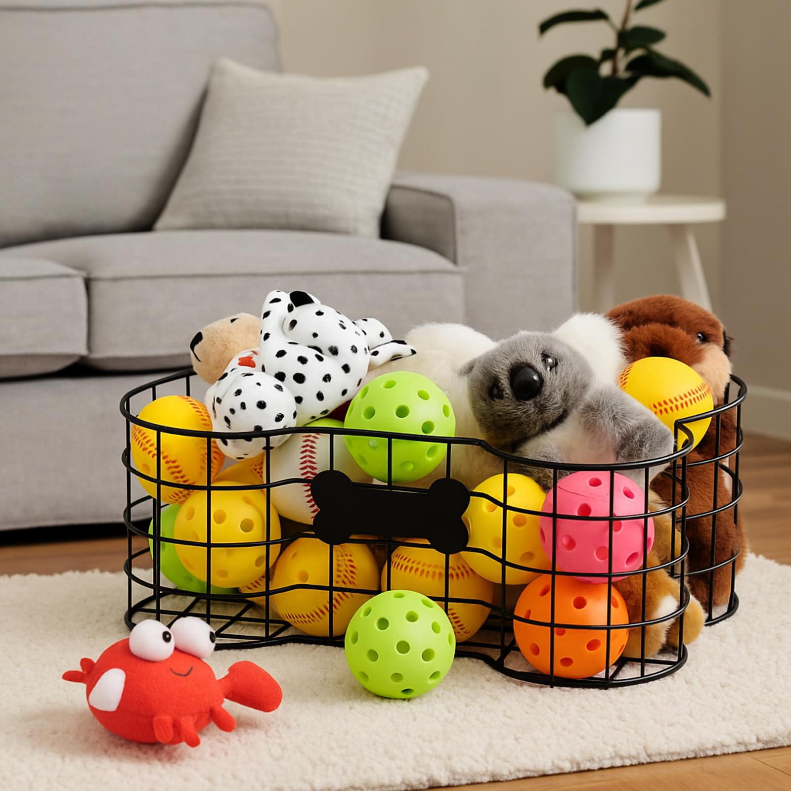 Vesici versatile pet container stores toys, treats, collars, and blankets.