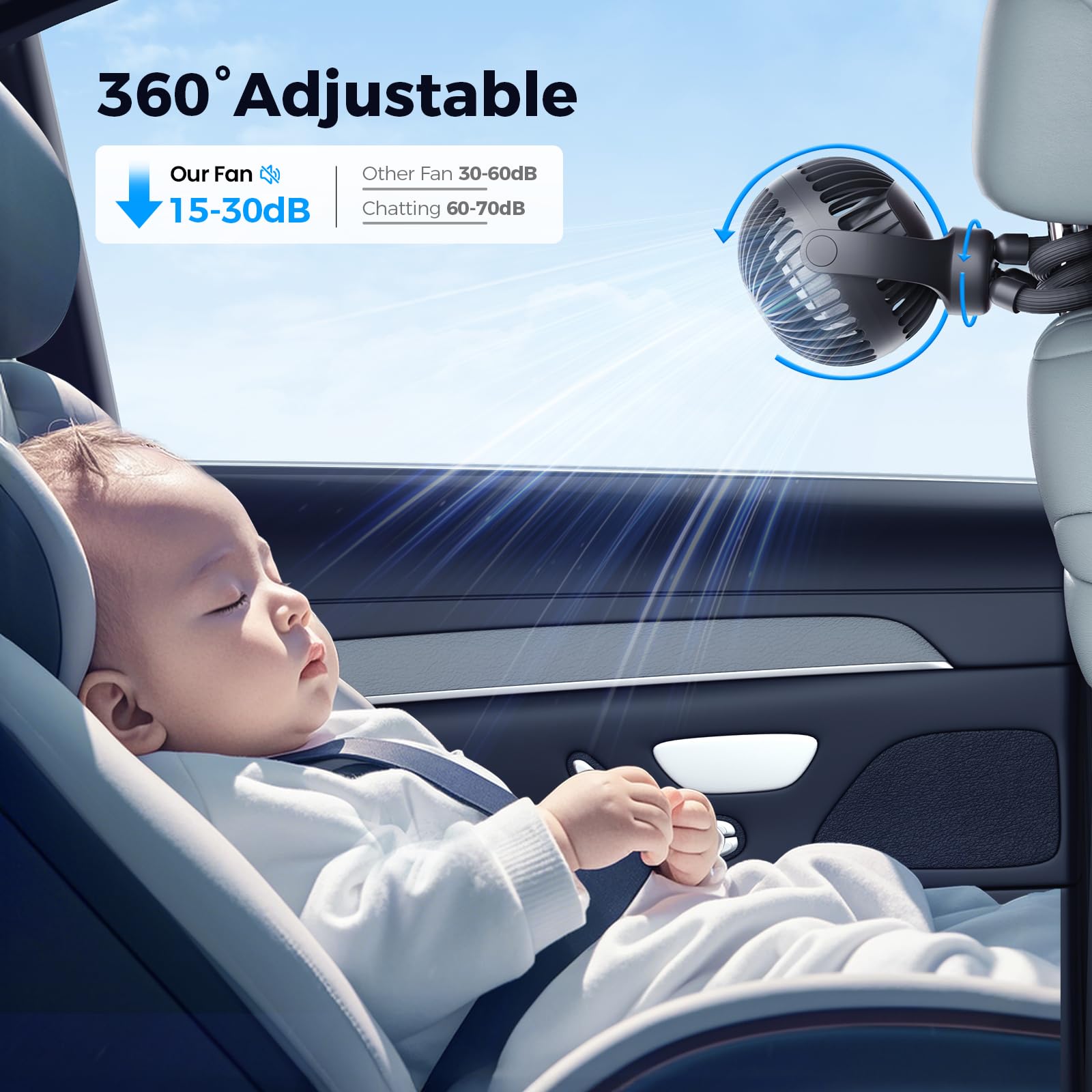 VETIFINAL stroller fan with 3 speed control for flexible cooling.