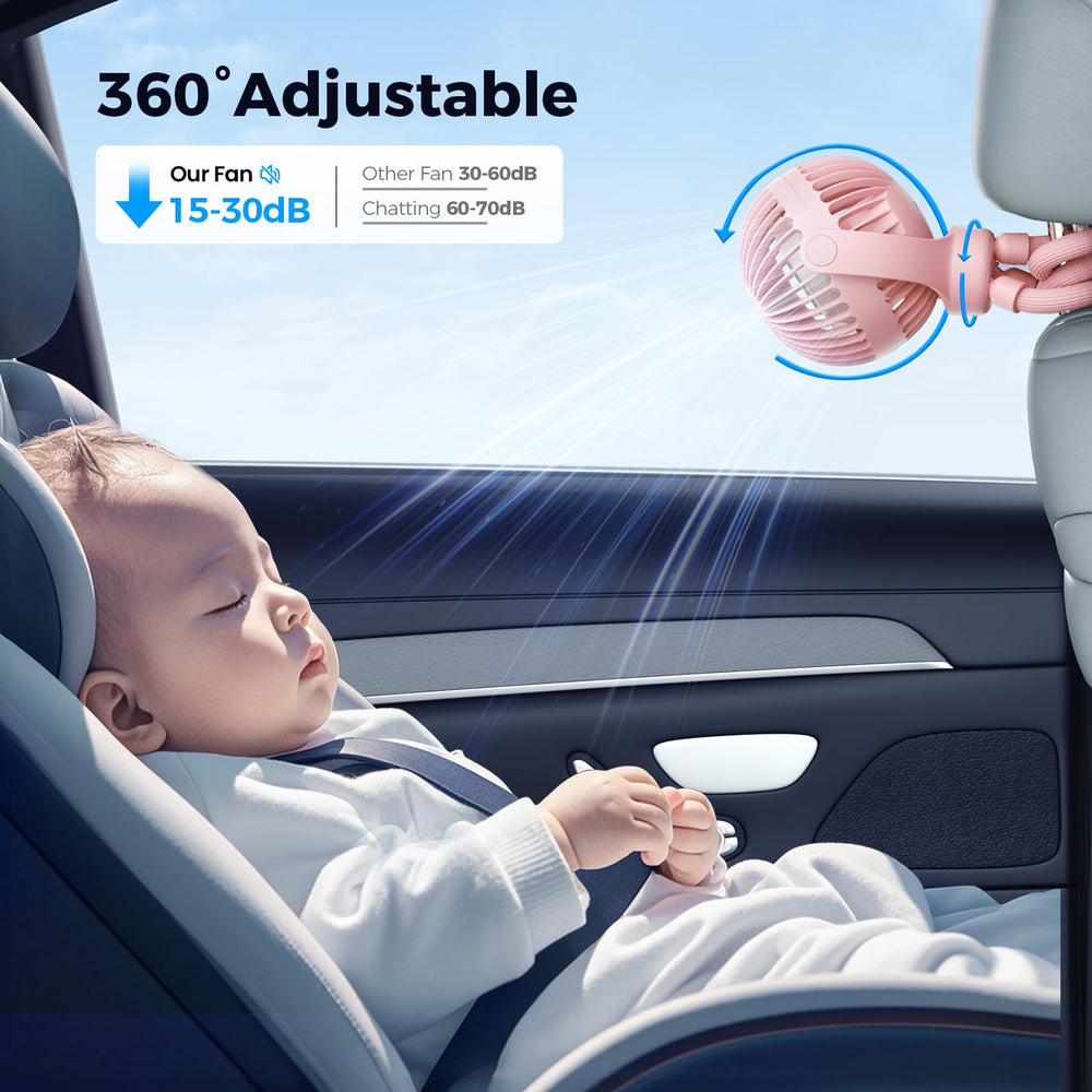 VETIFINAL pink clip-on fan safely attaches to a stroller