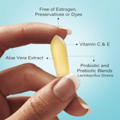 Vetrue probiotic-prebiotic ingredients panel showing Lactobacillus strains for vaginal flora balance