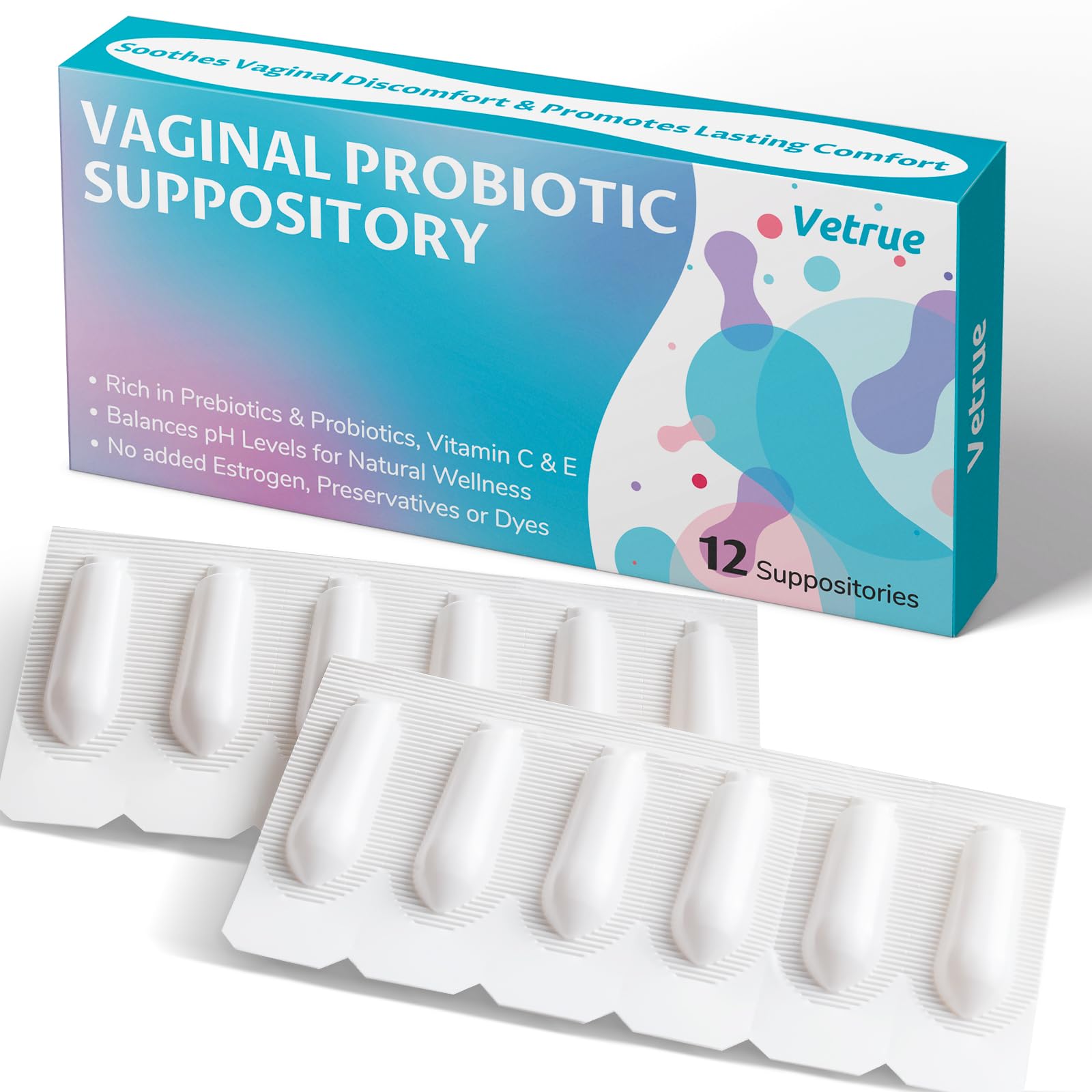 Vetrue vaginal probiotic suppository packaging highlights pH balance for daily comfort