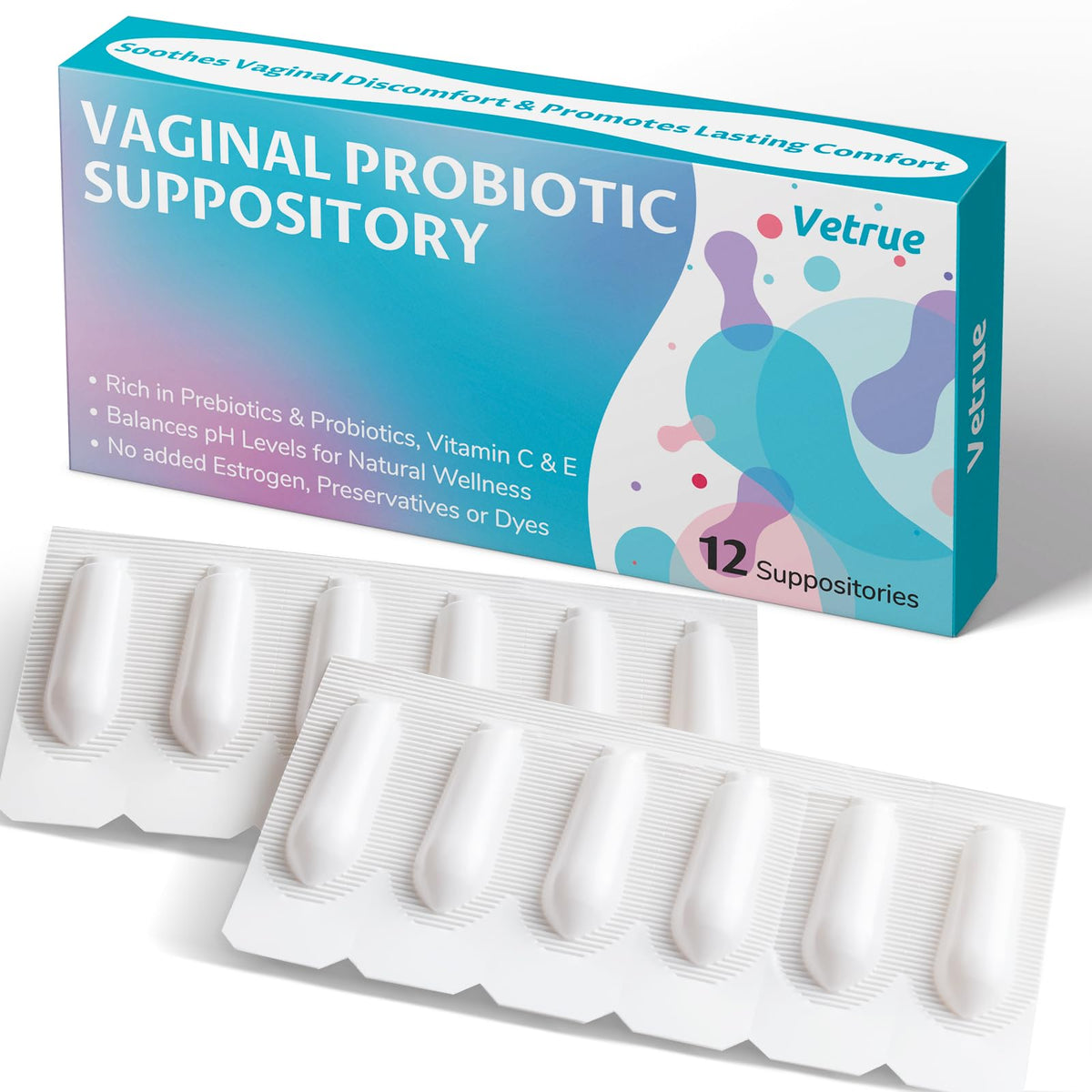 Vetrue vaginal probiotic suppository packaging highlights pH balance for daily comfort