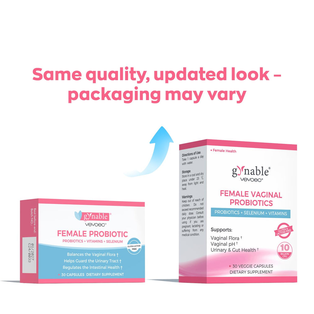 Vevoec Gynable packaging showcases European formulation for vaginal health.