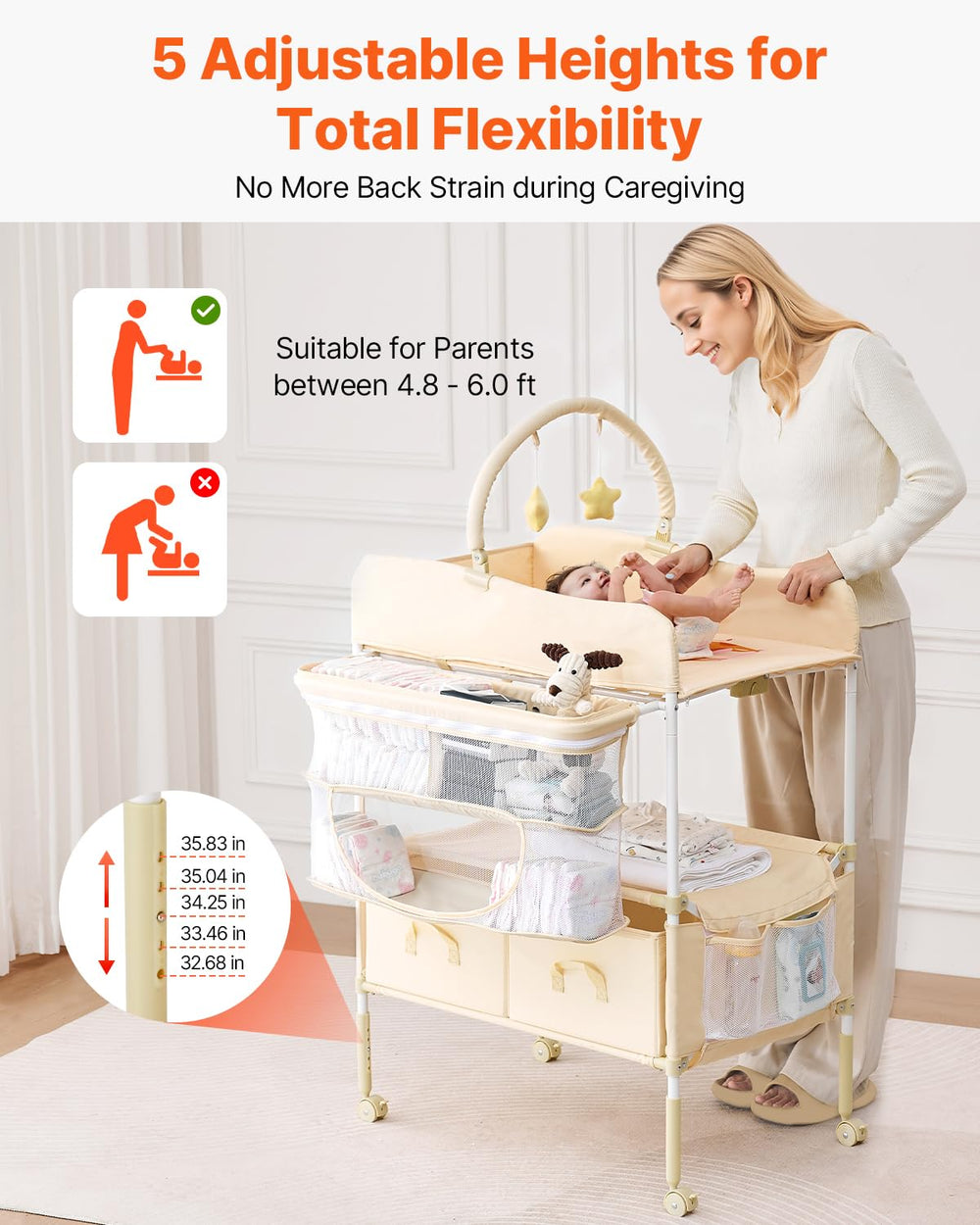 VEVOR changing table height adjustment showing five levels for comfort