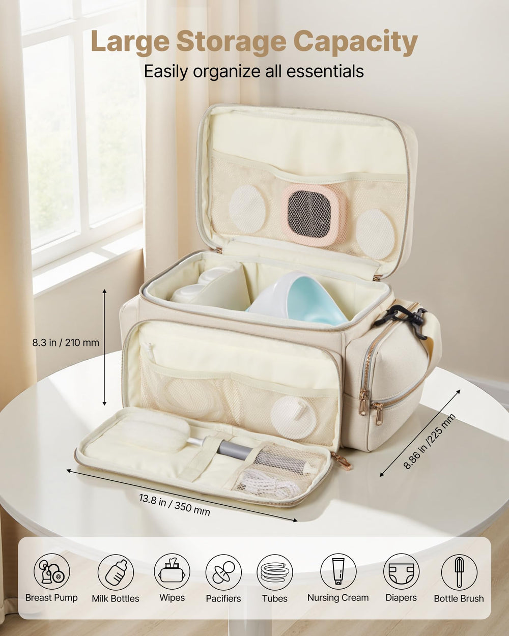 VEVOR bag with large capacity holds pumps, bottles, and accessories for busy days