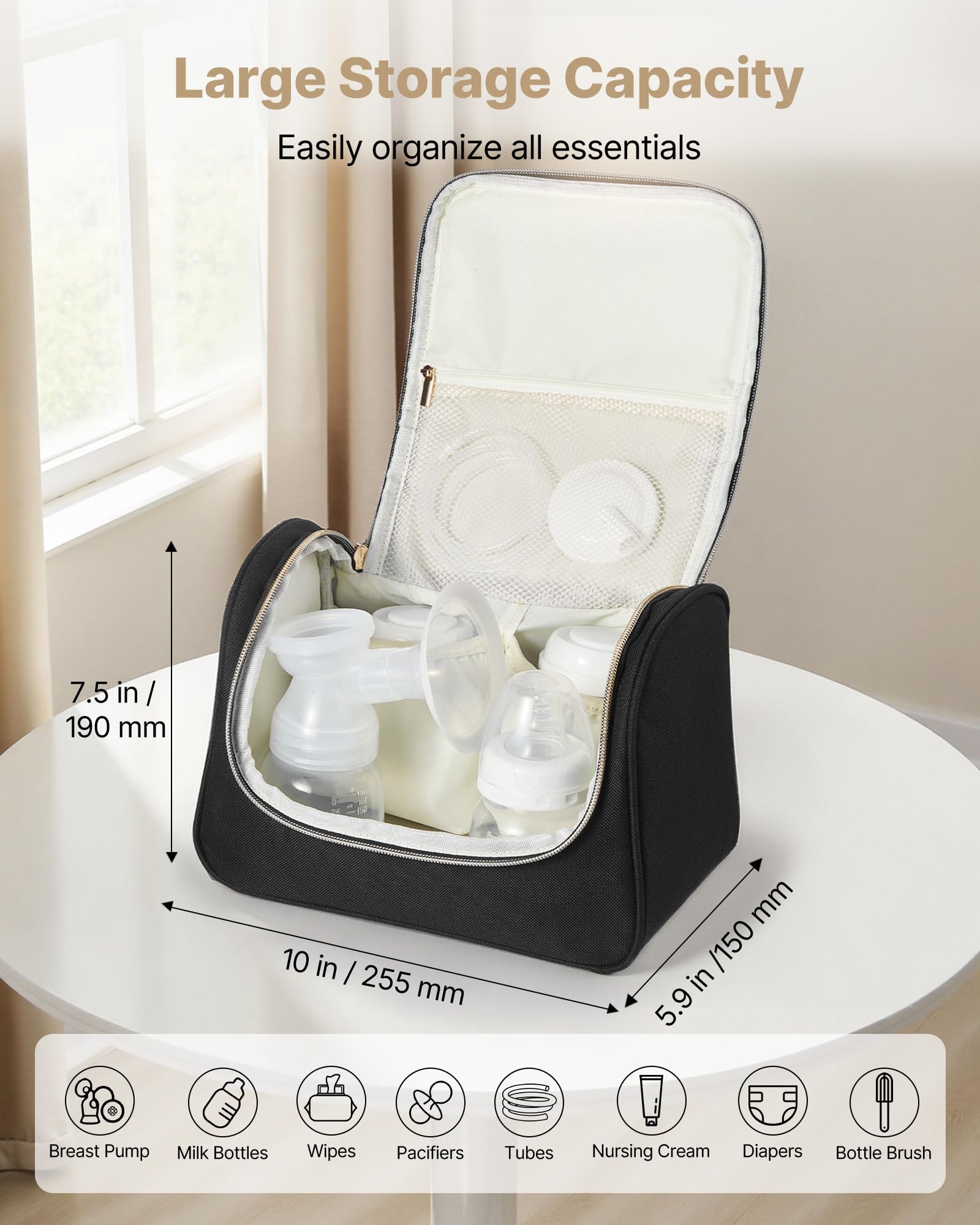 VEVOR breast pump bag organized with pockets and dividers