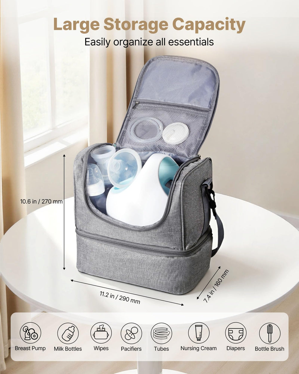 VEVOR breast pump bag provides organized storage with elastic pockets and dividers.