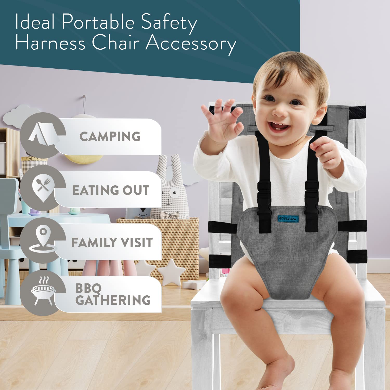 Vevoza compact travel high chair harness showcases secure feeding on the go