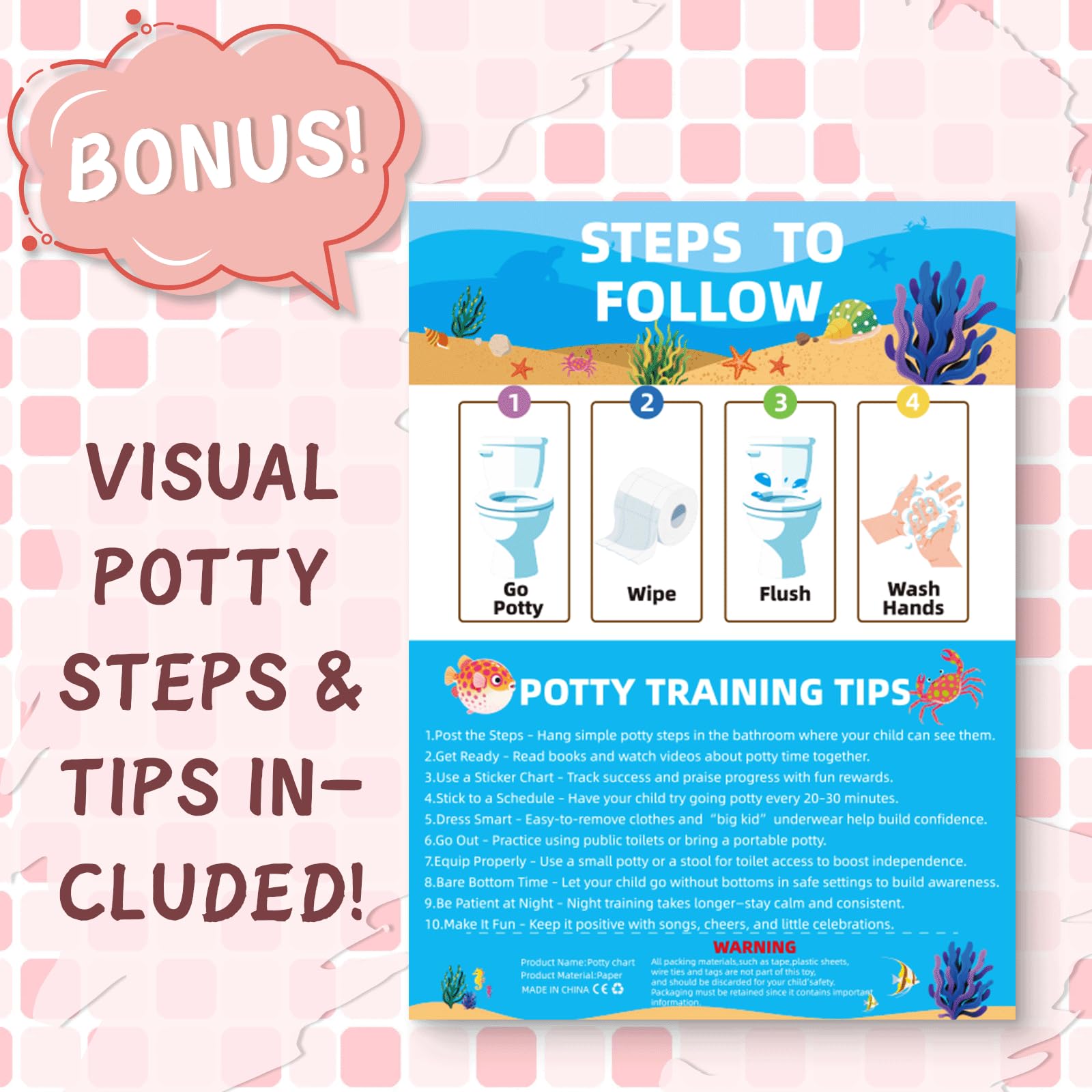 Vexorith Potty Chart stickers on toilet provide clear target cues.