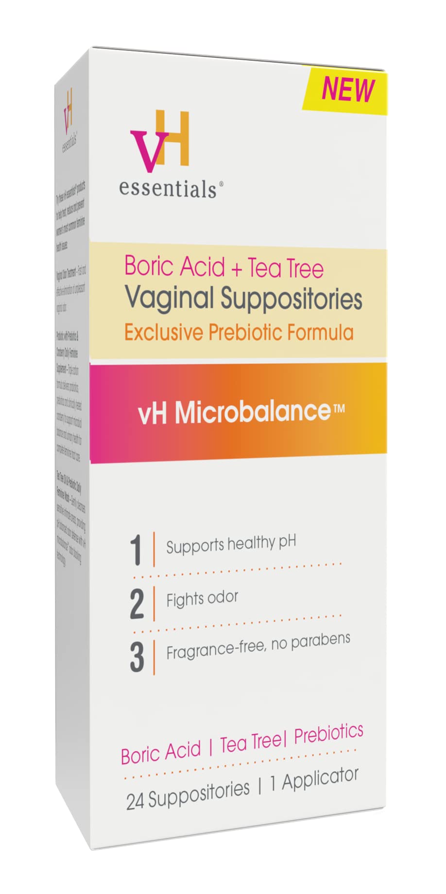 vH essentials boric acid tea tree suppositories packaging showing balanced feminine care