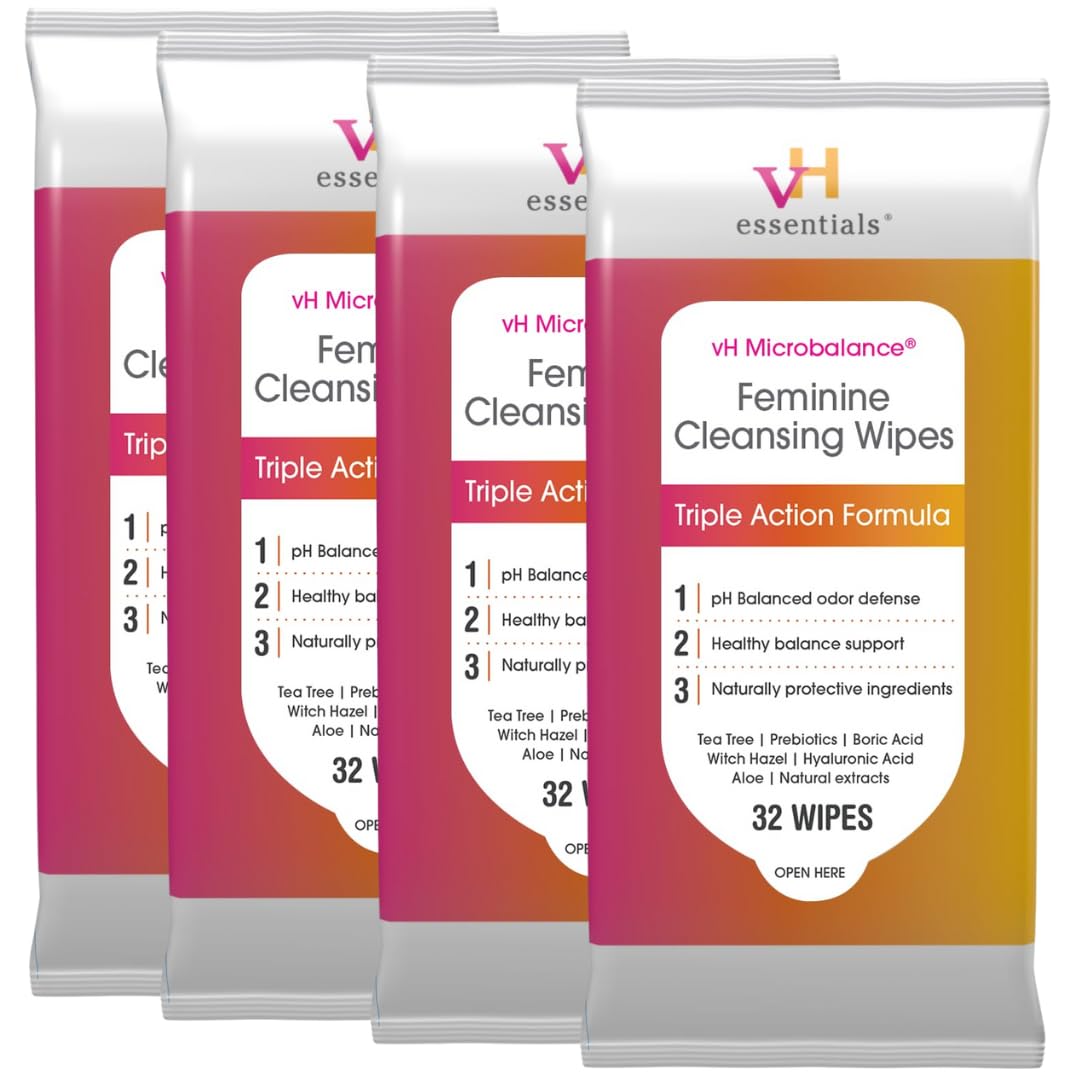 vH essentials feminine cleansing wipes pack shot for on-the-go freshness.