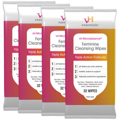 vH essentials feminine cleansing wipes pack shot for on-the-go freshness.