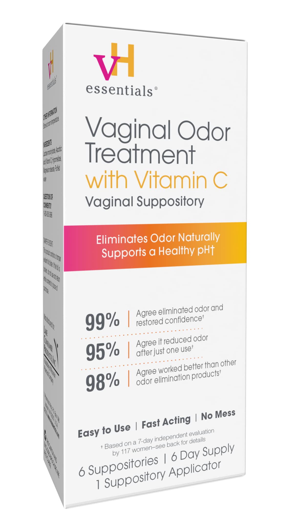 vH essentials Vaginal Odor Treatment box shown with six-day supply for balanced pH and discreet care.