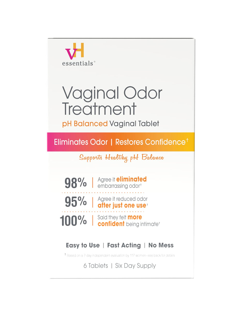 vH essentials vaginal odor treatment box showing discreet pH care solution