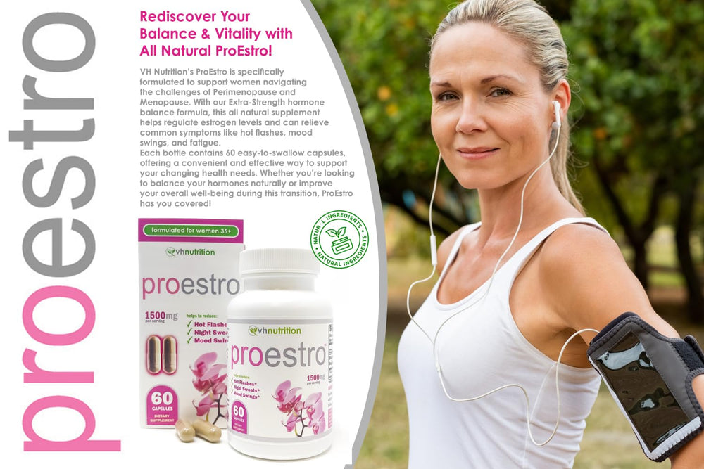PROESTRO capsules on bottle side; easy daily use for balance