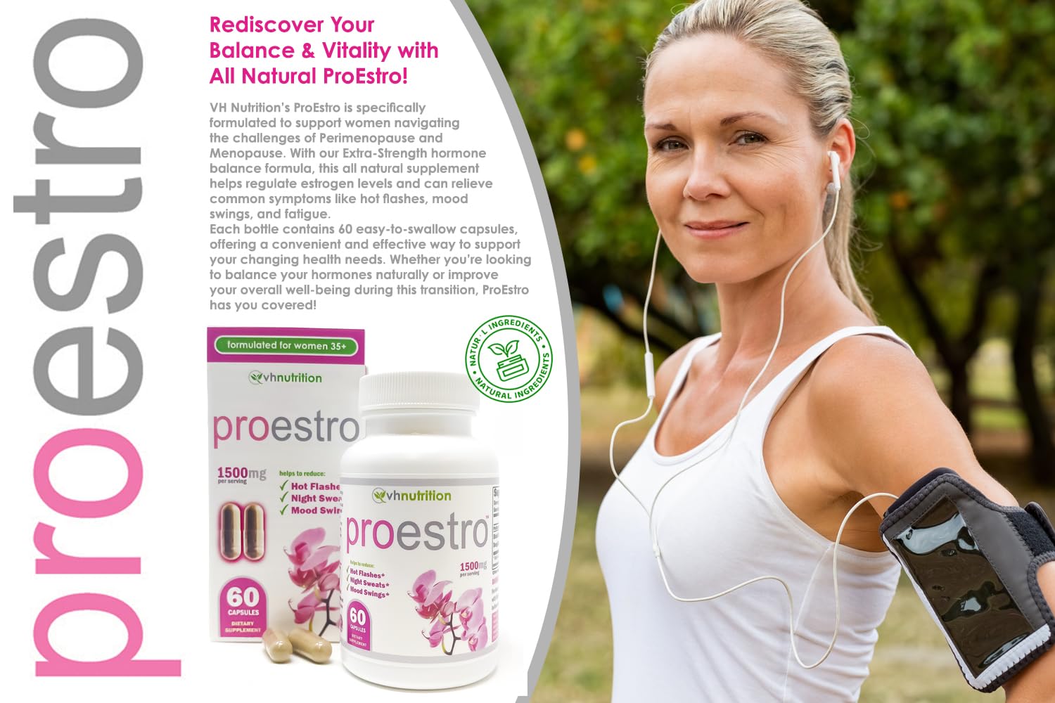 VH Nutrition PROESTRO capsules close-up highlighting easy-to-swallow pills