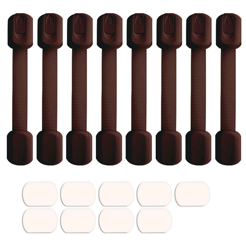 Viaky cabinet locks with adhesive straps secure a cabinet door for child safety.