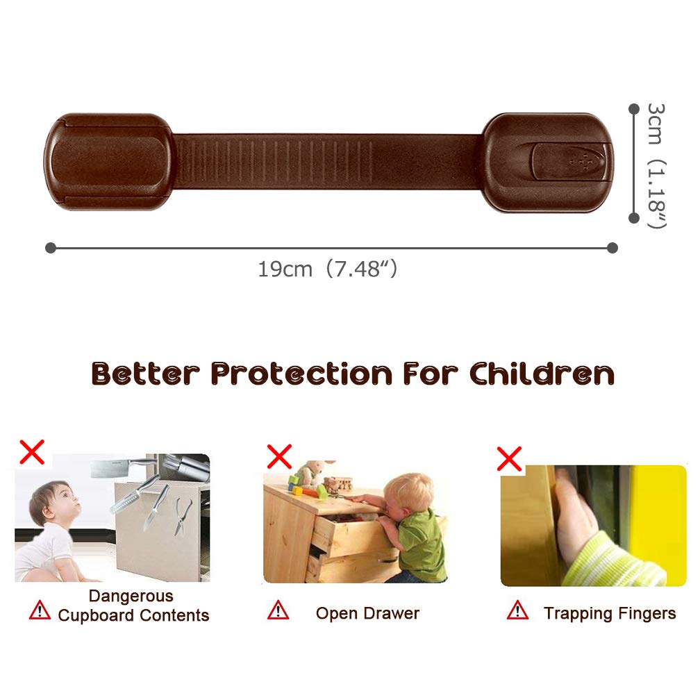 Viaky adjustable strap cabinet lock on a kitchen cabinet door for child safety.