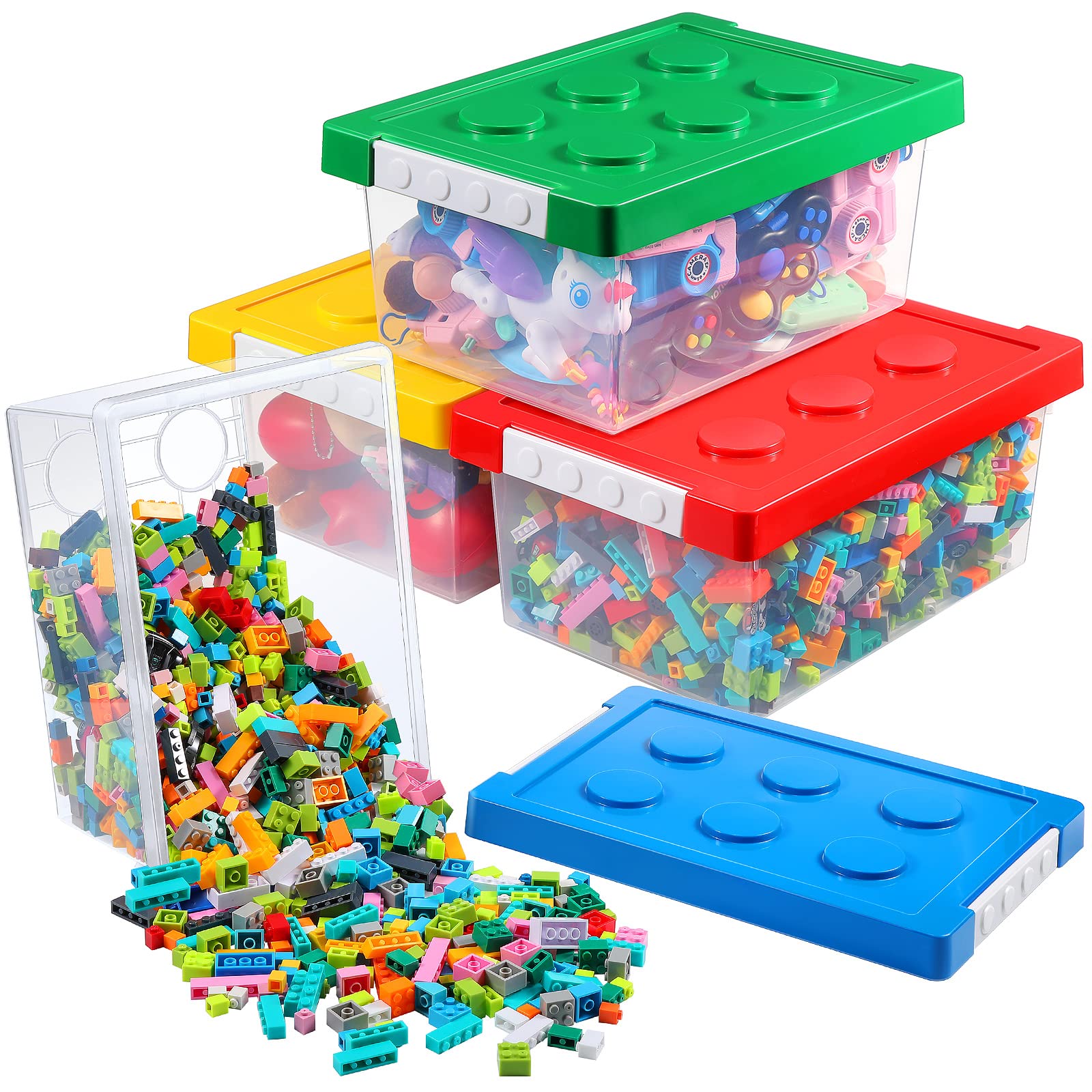 Vicenpal blue brick bin with lid showing clear view for quick toy storage