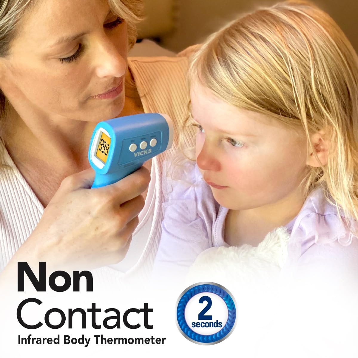 Vicks non-contact thermometer measures bath water temperature safely.