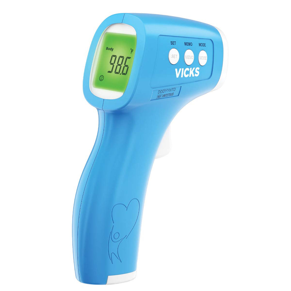 Vicks non-contact thermometer reads forehead quickly for fever checks.
