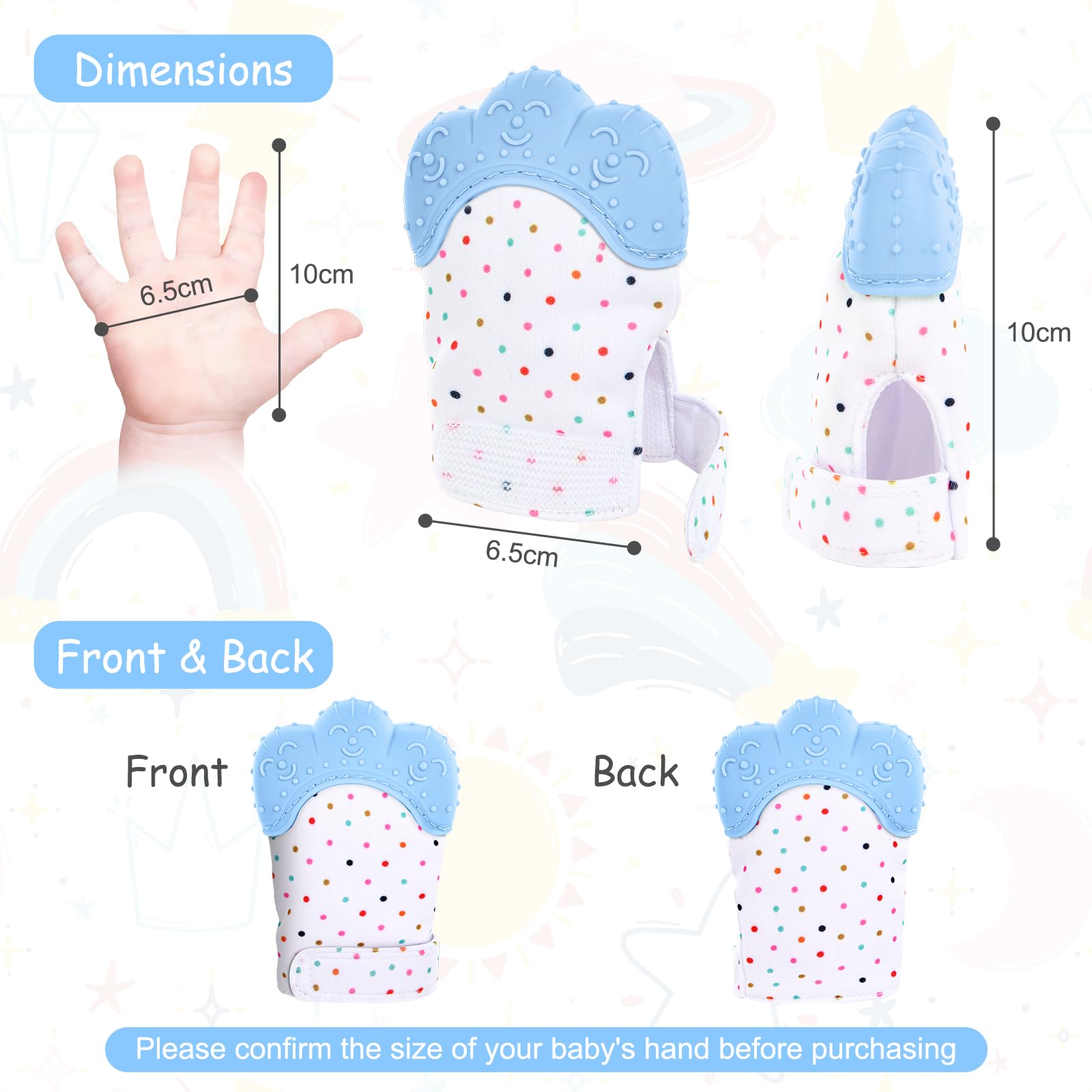 Vicloon teething mitt shown on a baby's hand, freeing the other hand.