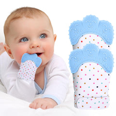 Vicloon teething mitt worn on the wrist for soothing gums during play.