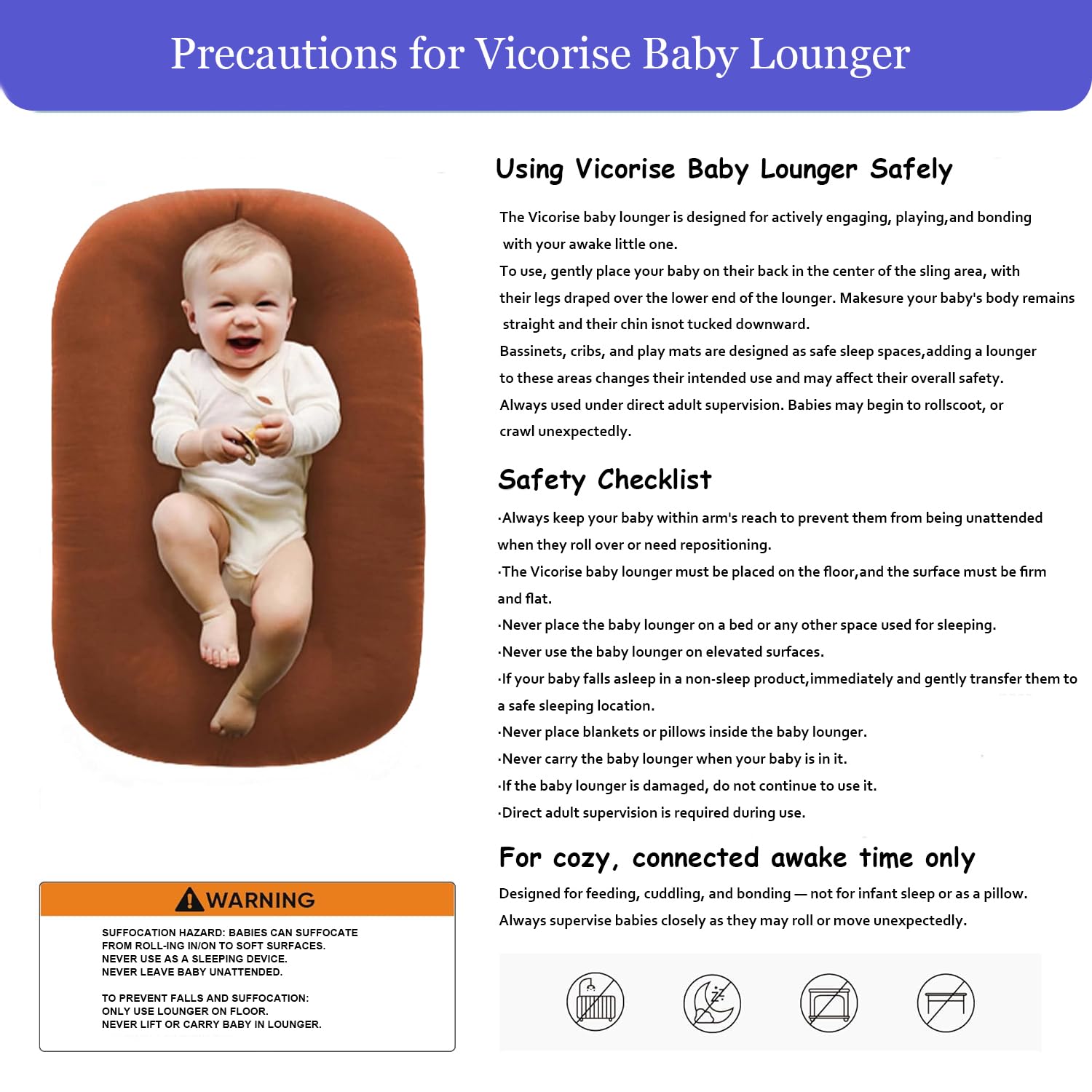 Vicorise baby lounger 100% cotton cover provides breathable comfort