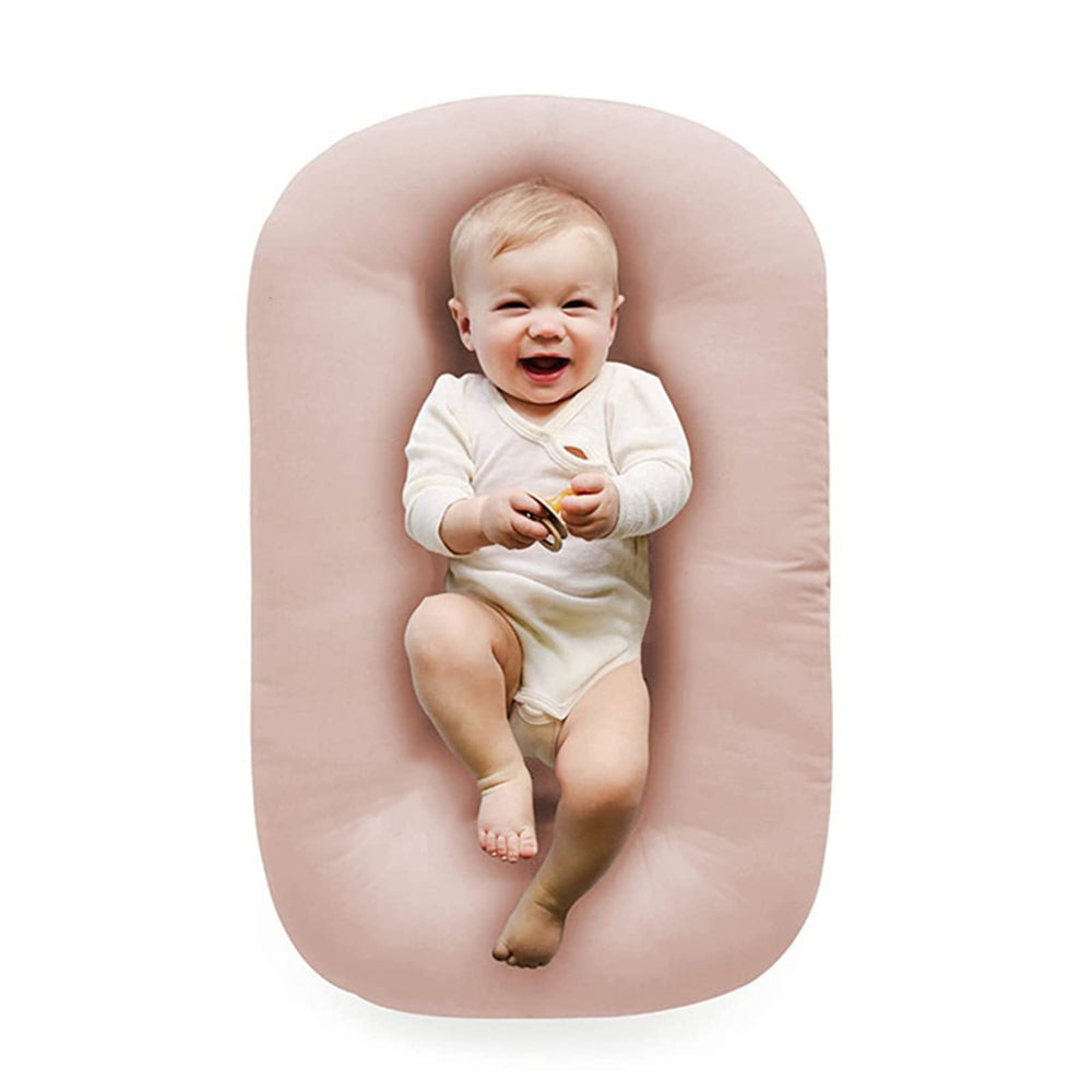 Vicorise baby lounger pink cover offers soft cotton surface for newborn comfort.