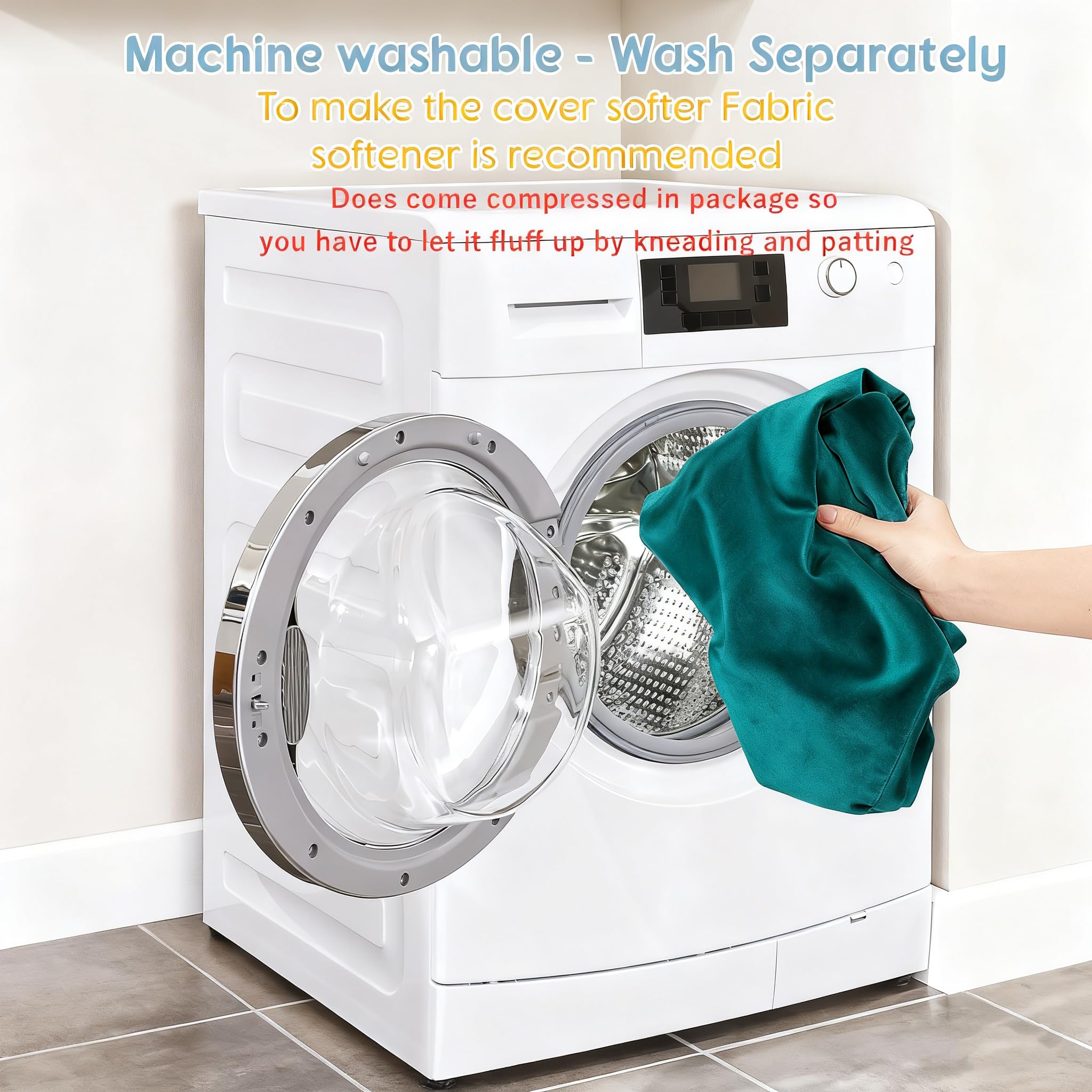 Vicorise cover care instructions illustrate machine wash and quick fluff recovery.