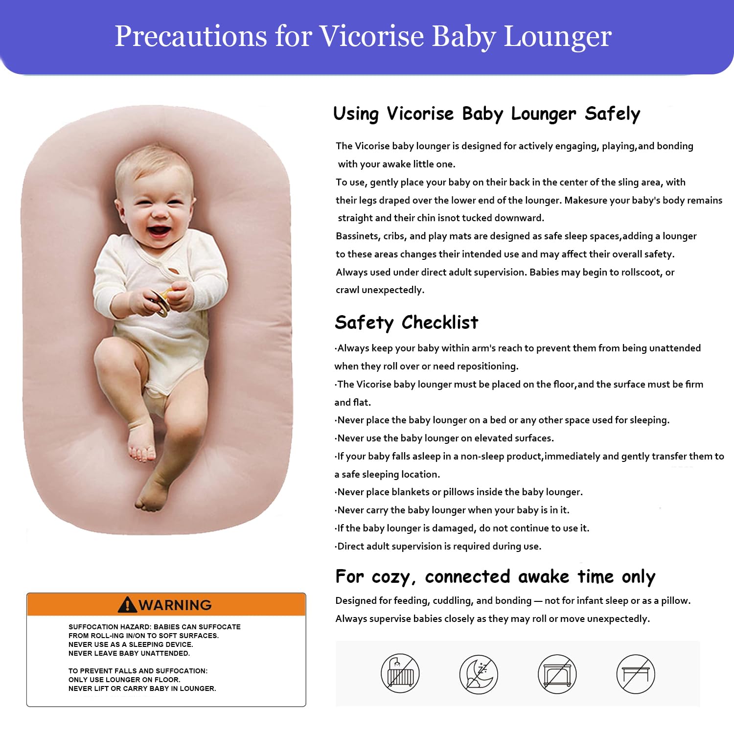 Vicorise Baby Lounger with cover included supports caregiver routines