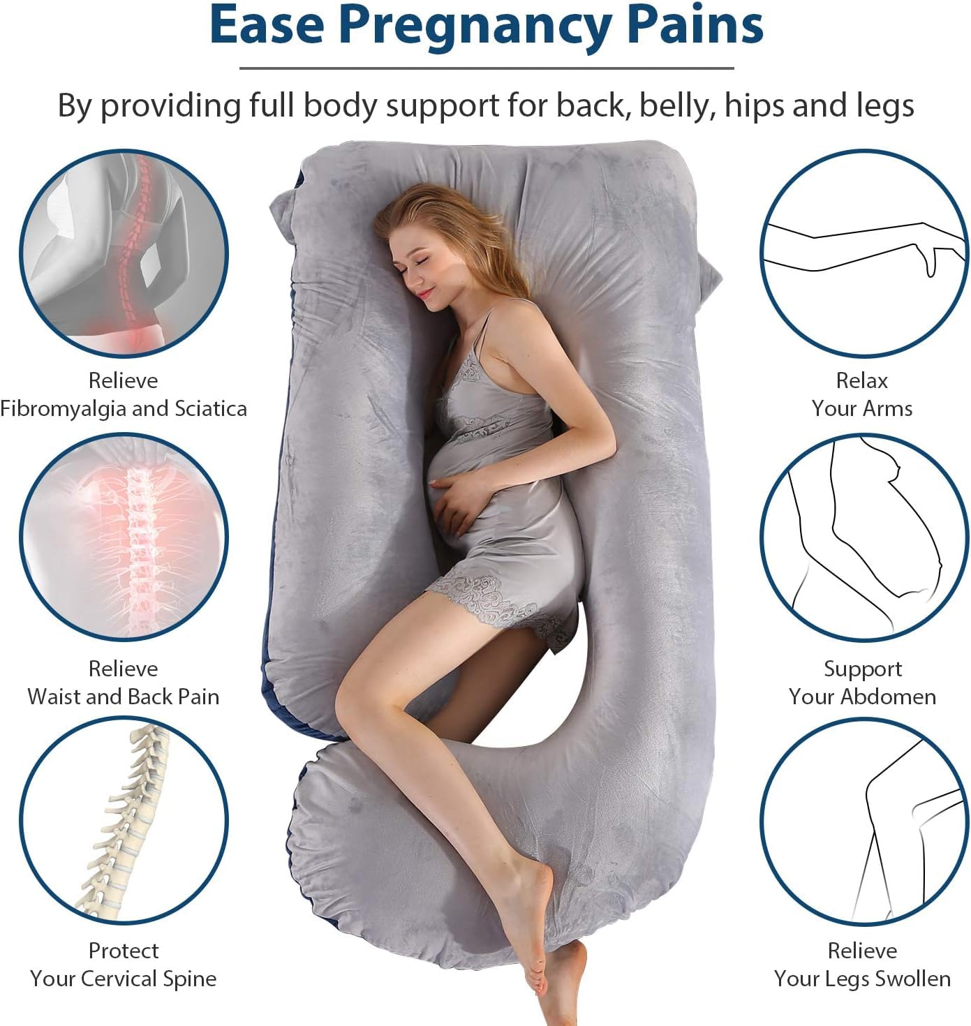 Victostar full-body pregnancy pillow supports back and hips for better posture.