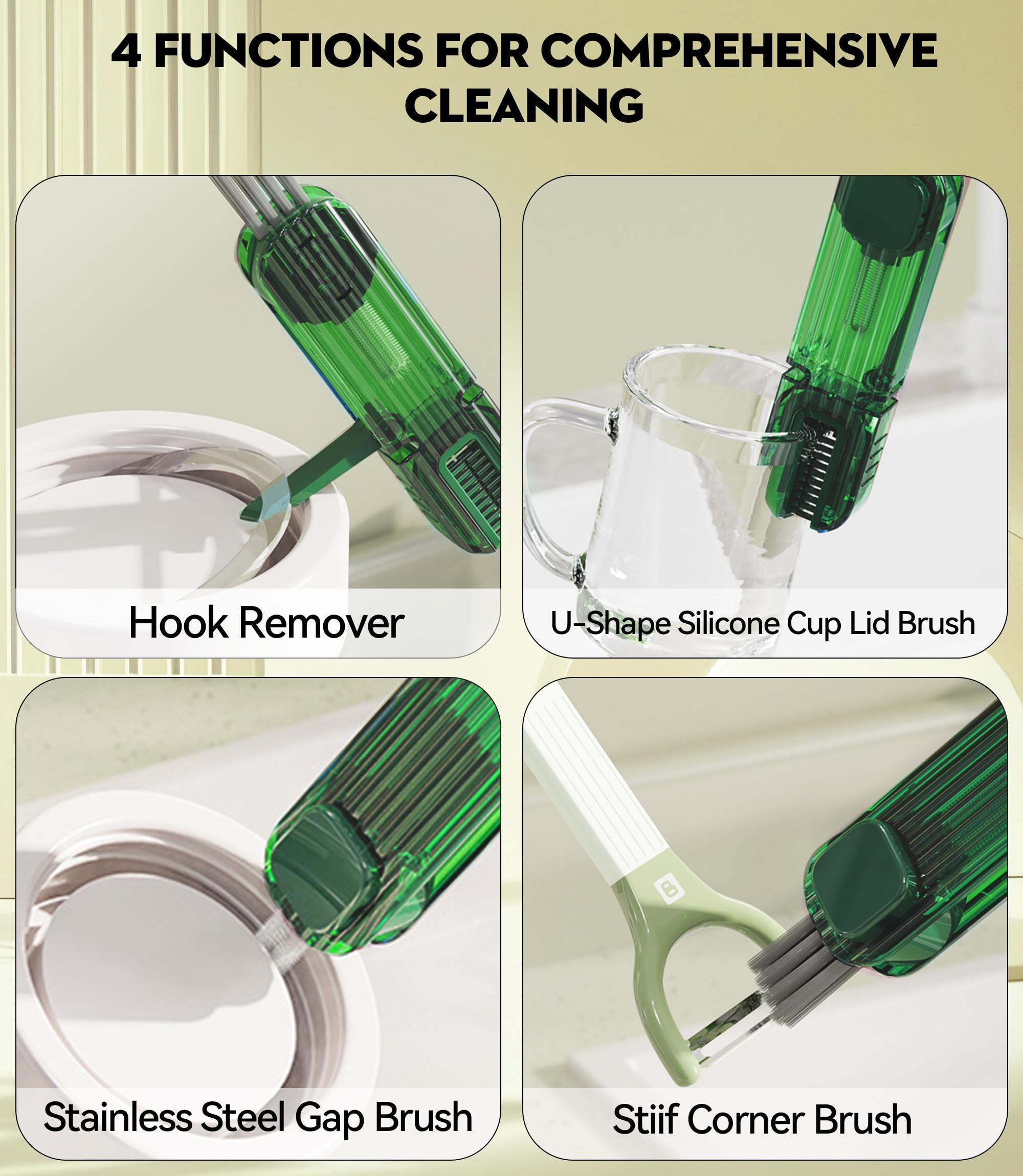 Vidonio stiff bristle corner brush removes grime in corners.