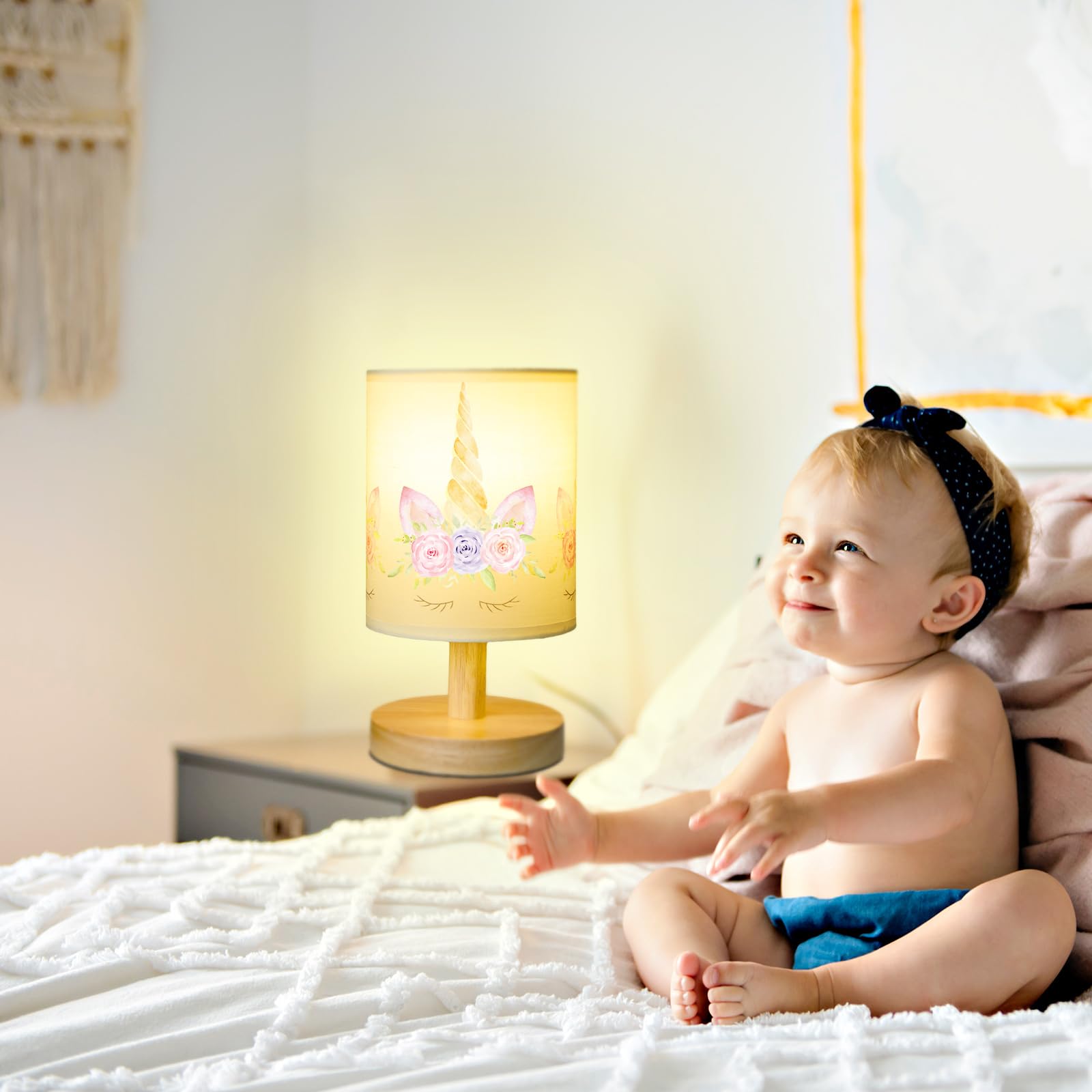 VIHOSE unicorn kids table lamp linen shade softens brightness for gentle nighttime reading