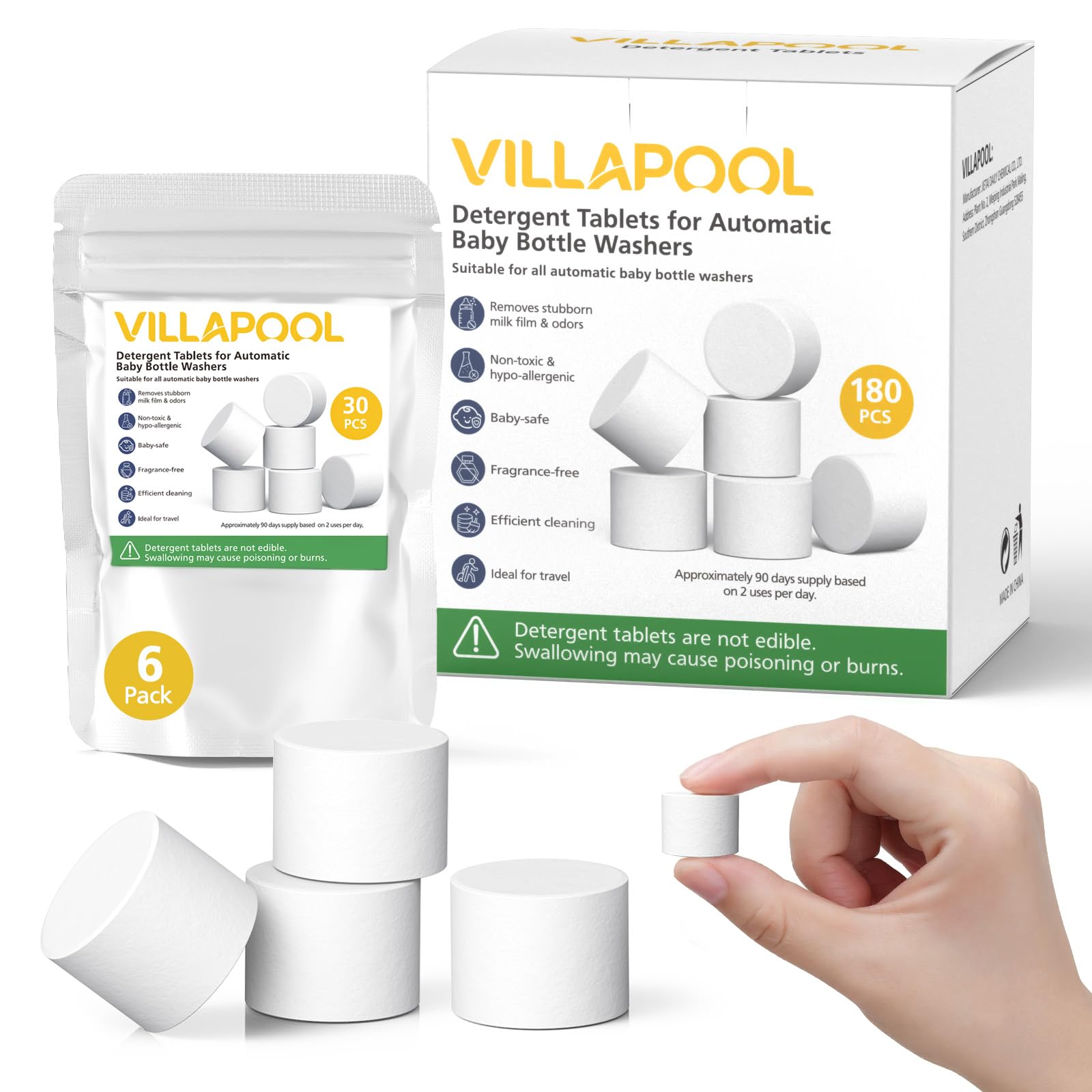 VILLAPOOL 180pcs tablets in packaging box for easy, ready-to-use cleaning.
