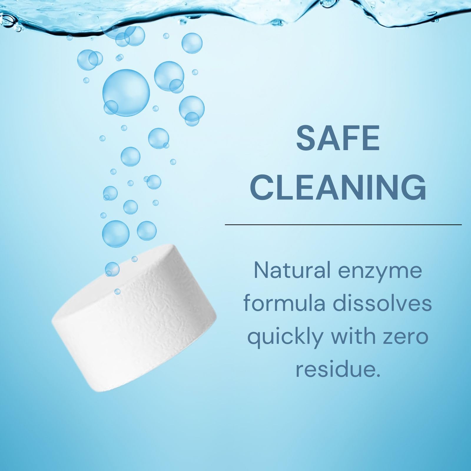 VIMKUS tablets dissolving action shown for residue-free bottle cleaning.