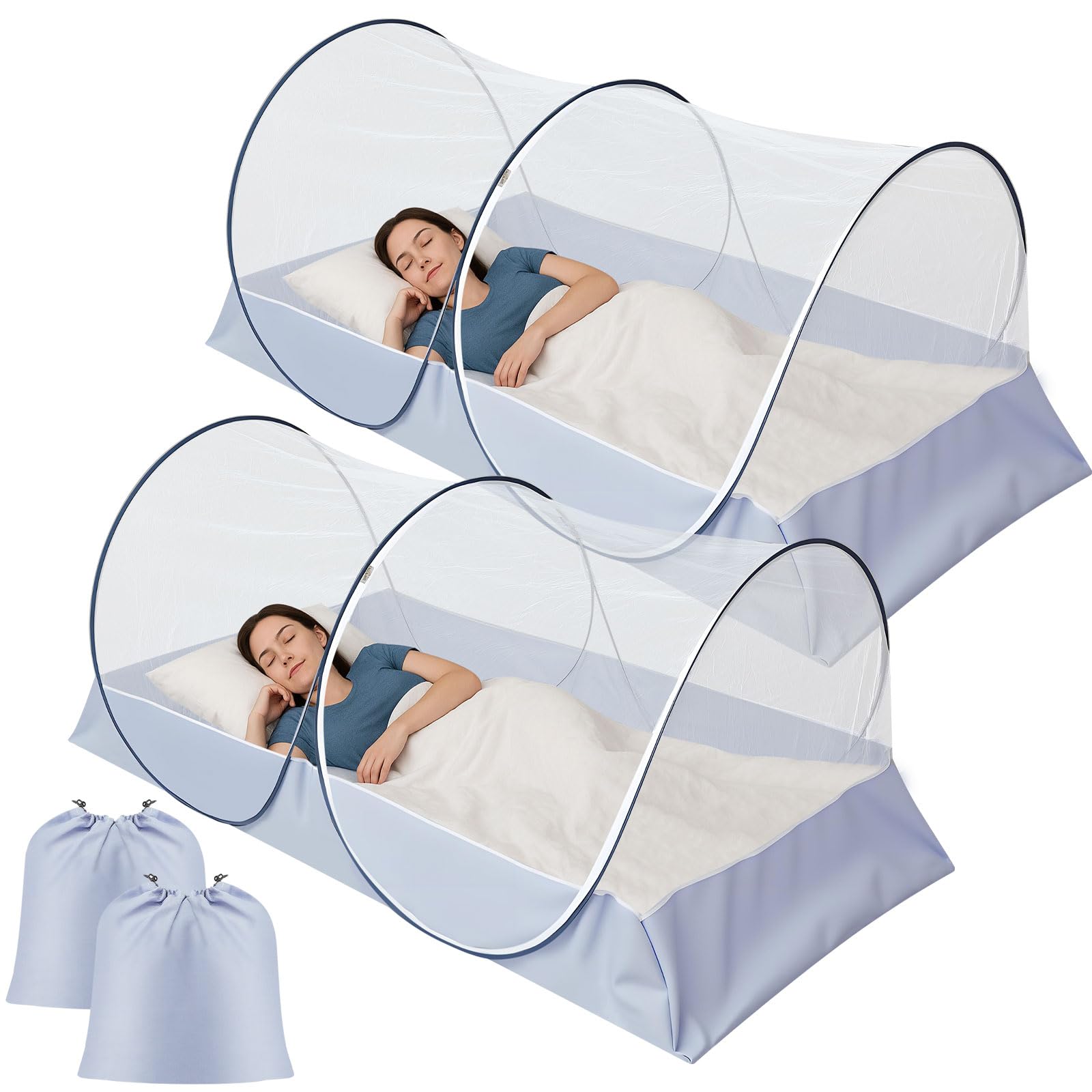 Vincreem two-pack pop-up mosquito nets protecting bed indoors and outdoors