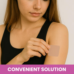 VIORY patch applied to arm in closeup shows easy 8-hour wear.