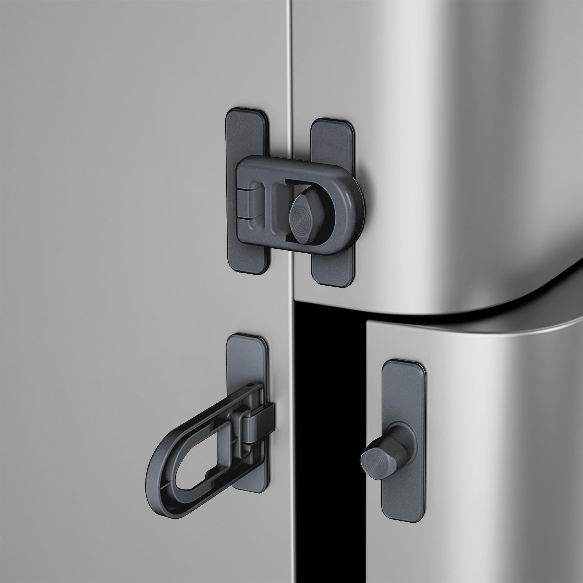 Vipdrive 2-pack child proof lock with adhesive pads installed on a fridge for safer access.