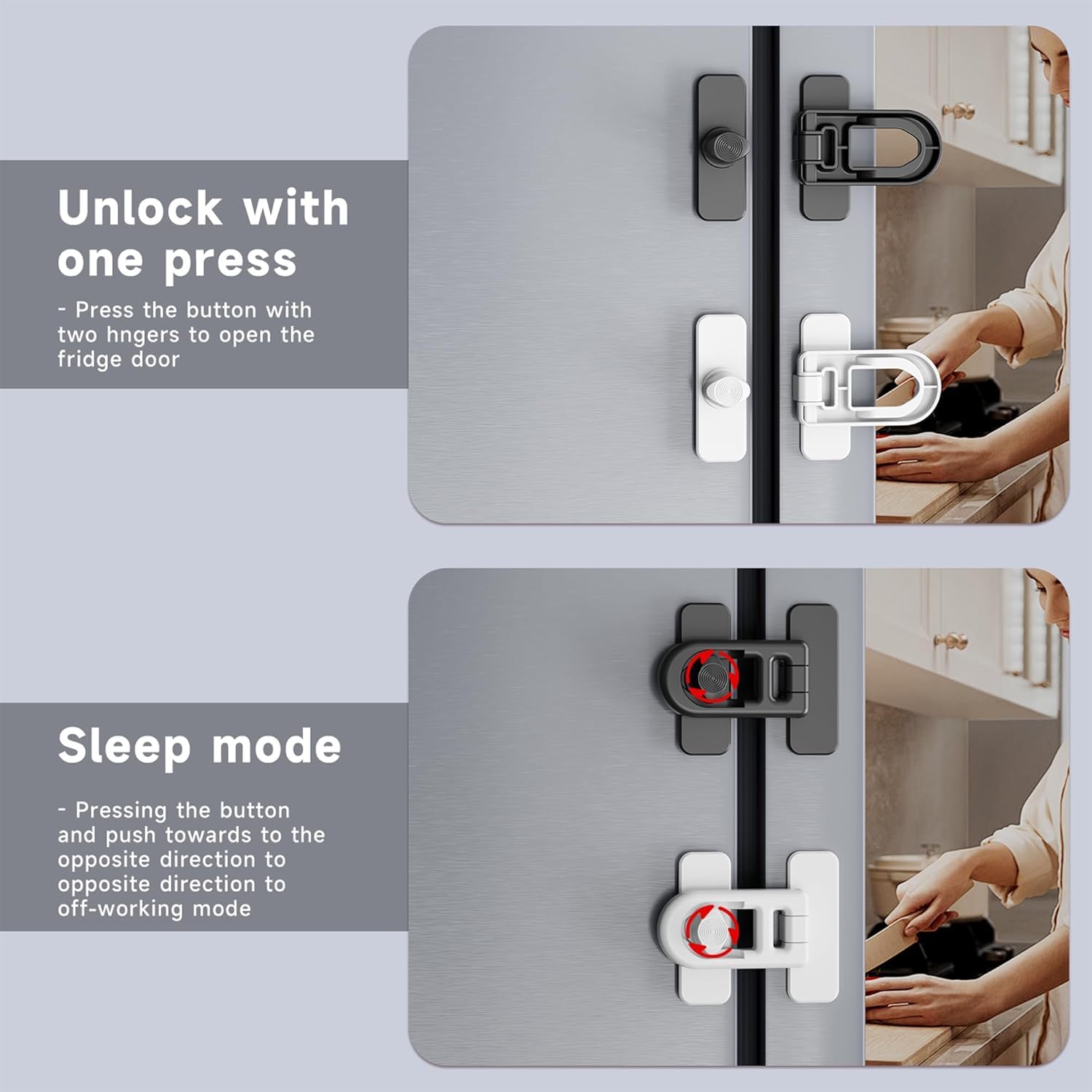 Vipdrive fridge lock attached to a cabinet, enabling quick toddler-safe access.