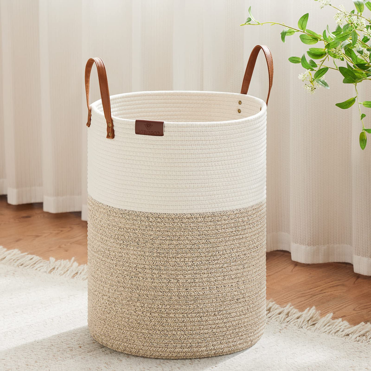 VIPOSCO tall laundry basket 58L in white and brown for organized laundry storage