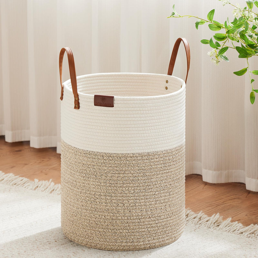 VIPOSCO tall laundry basket front view showing 53L capacity in white and brown