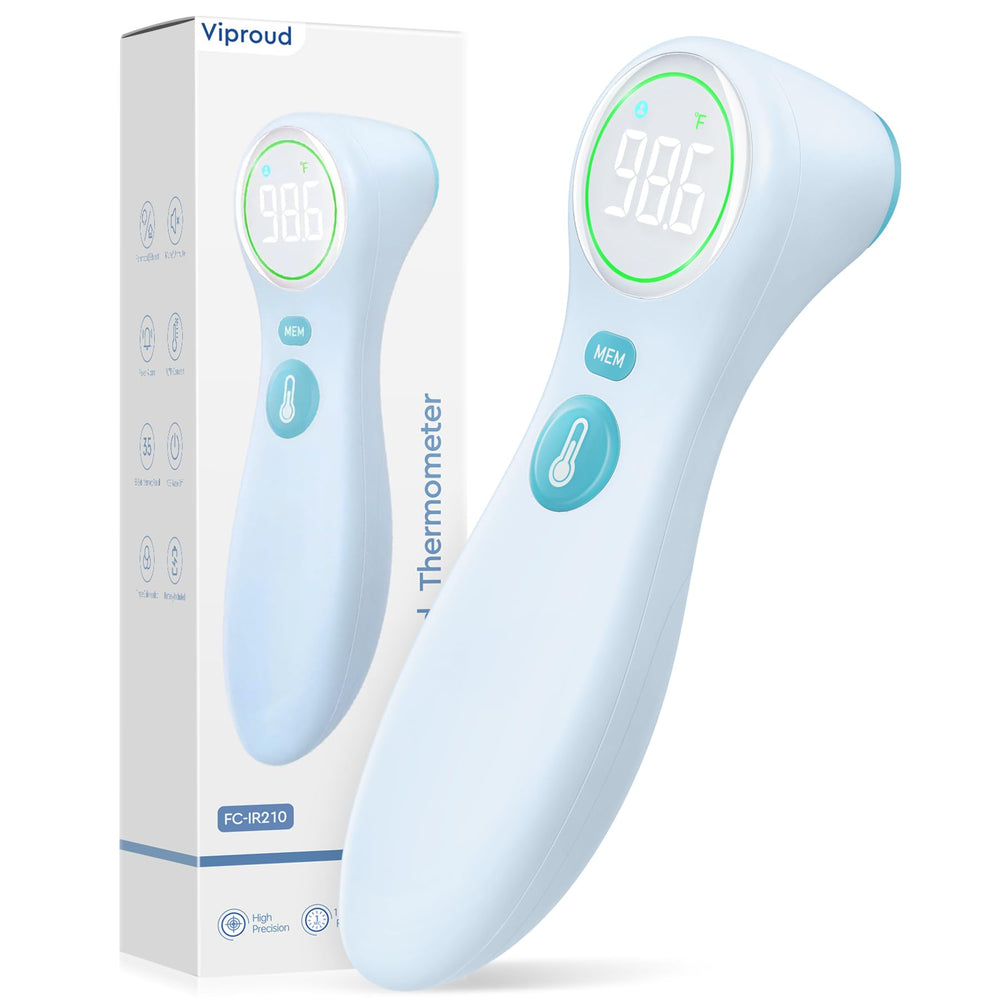 Viproud No-Touch Thermometer forehead reading with quick, hygienic measurements.