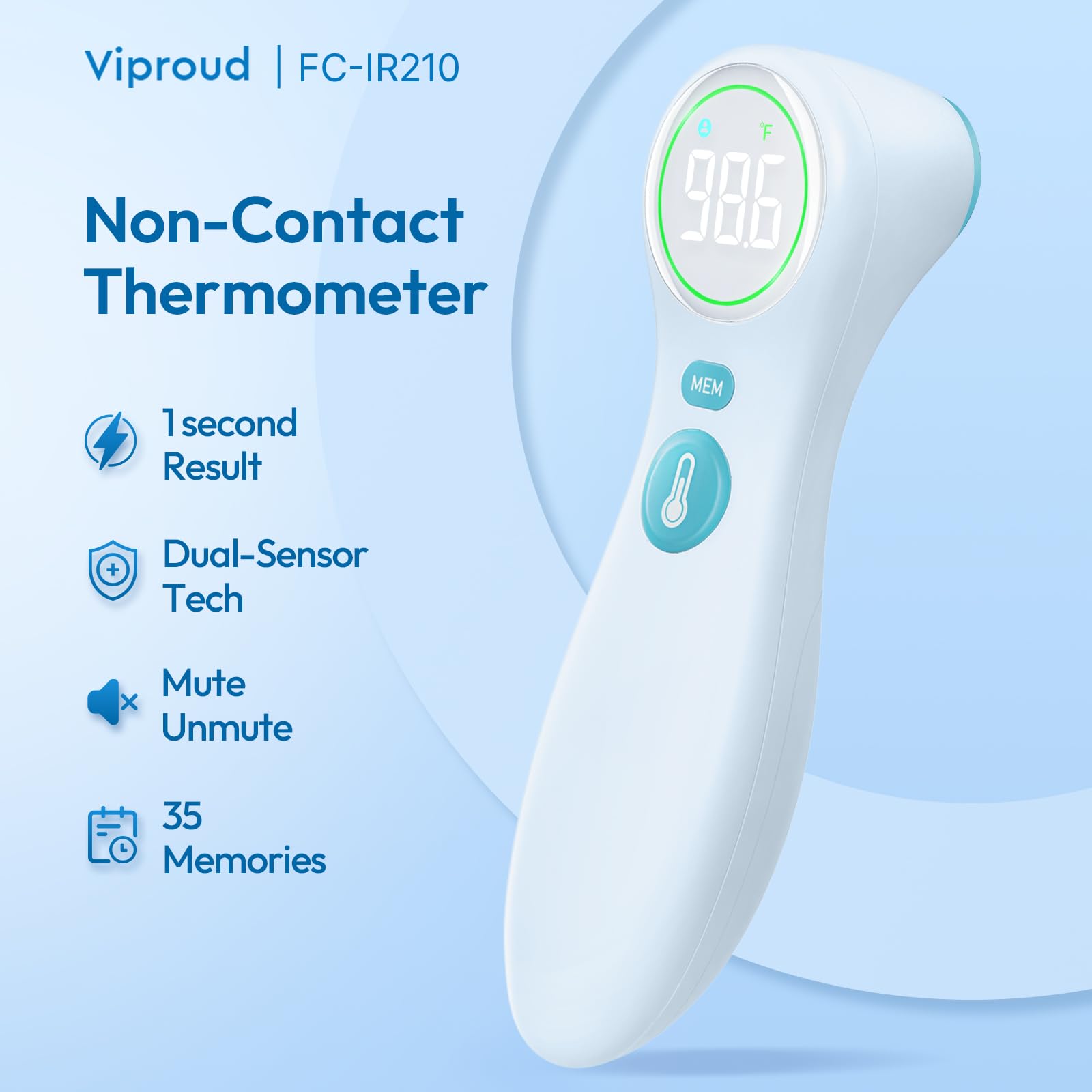 Viproud thermometer measuring object temperature on a surface with non-contact sensing.
