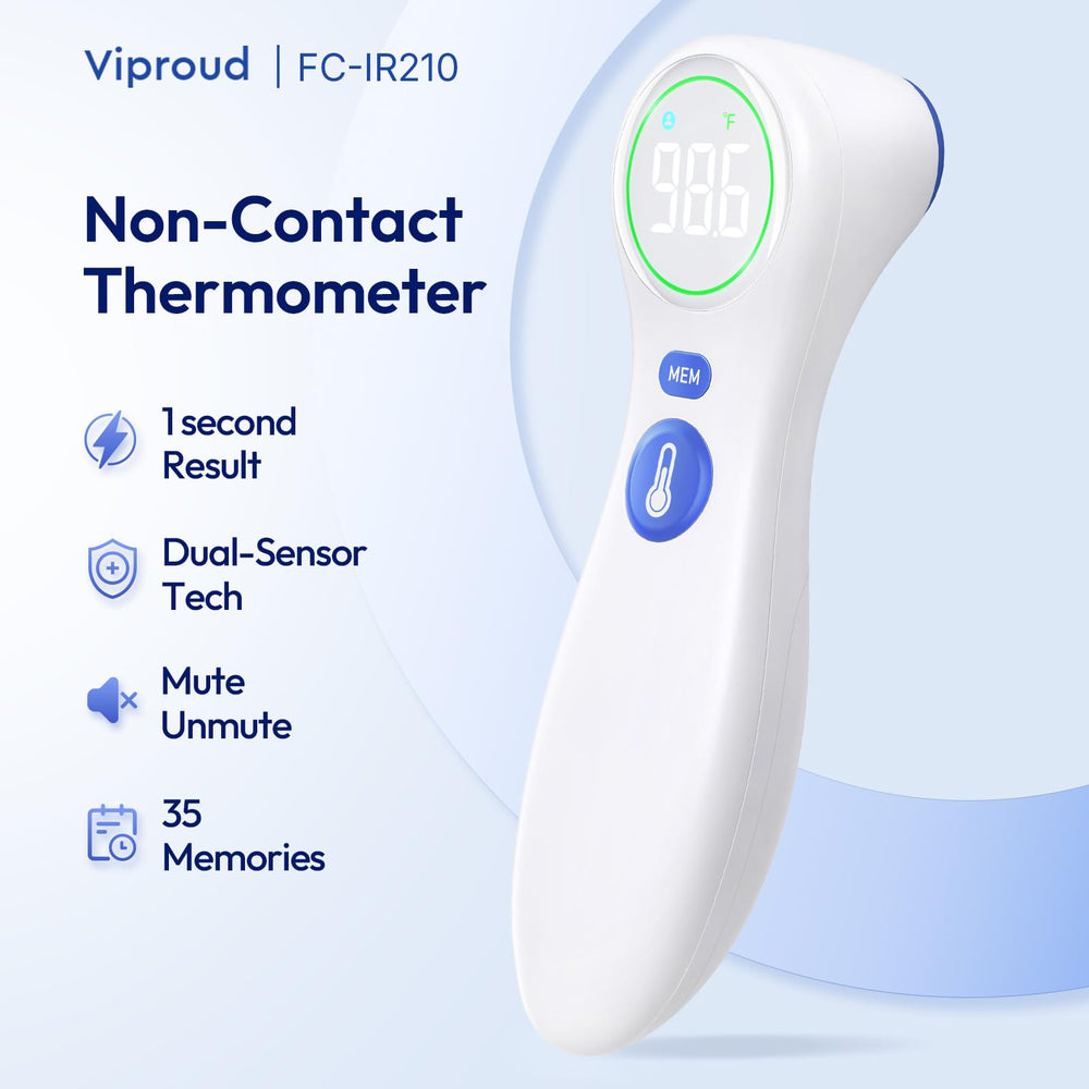 Viproud no-touch thermometer measuring object temperature for surfaces and liquids.