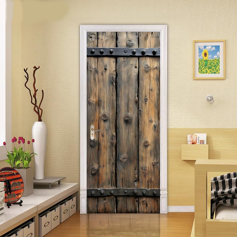 VIRANDA door mural applied to a wooden door for easy decor transformation