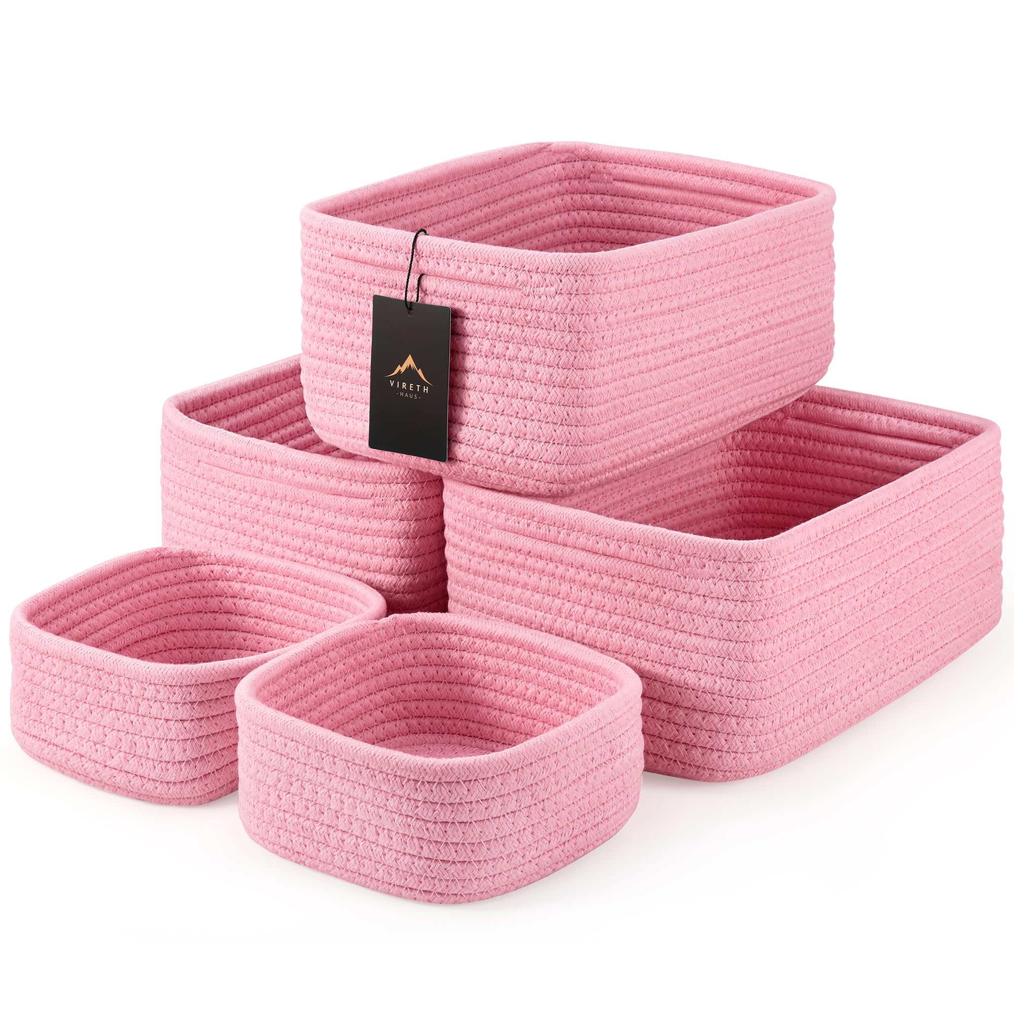 VIRETH HAUS 5-pack small woven baskets for quick shelf organization.