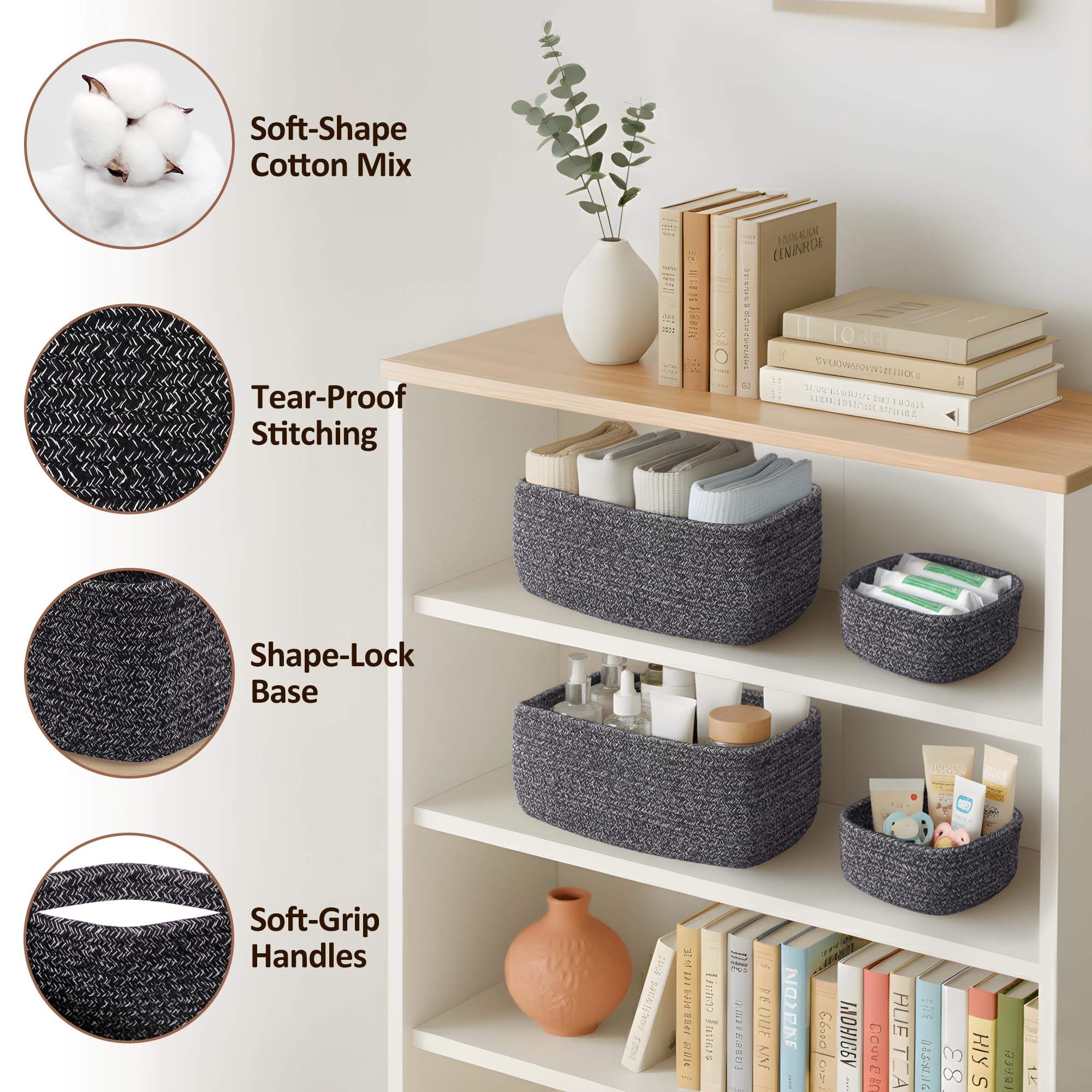 VIRETH HAUS small black woven rope basket on dresser enhances decor.