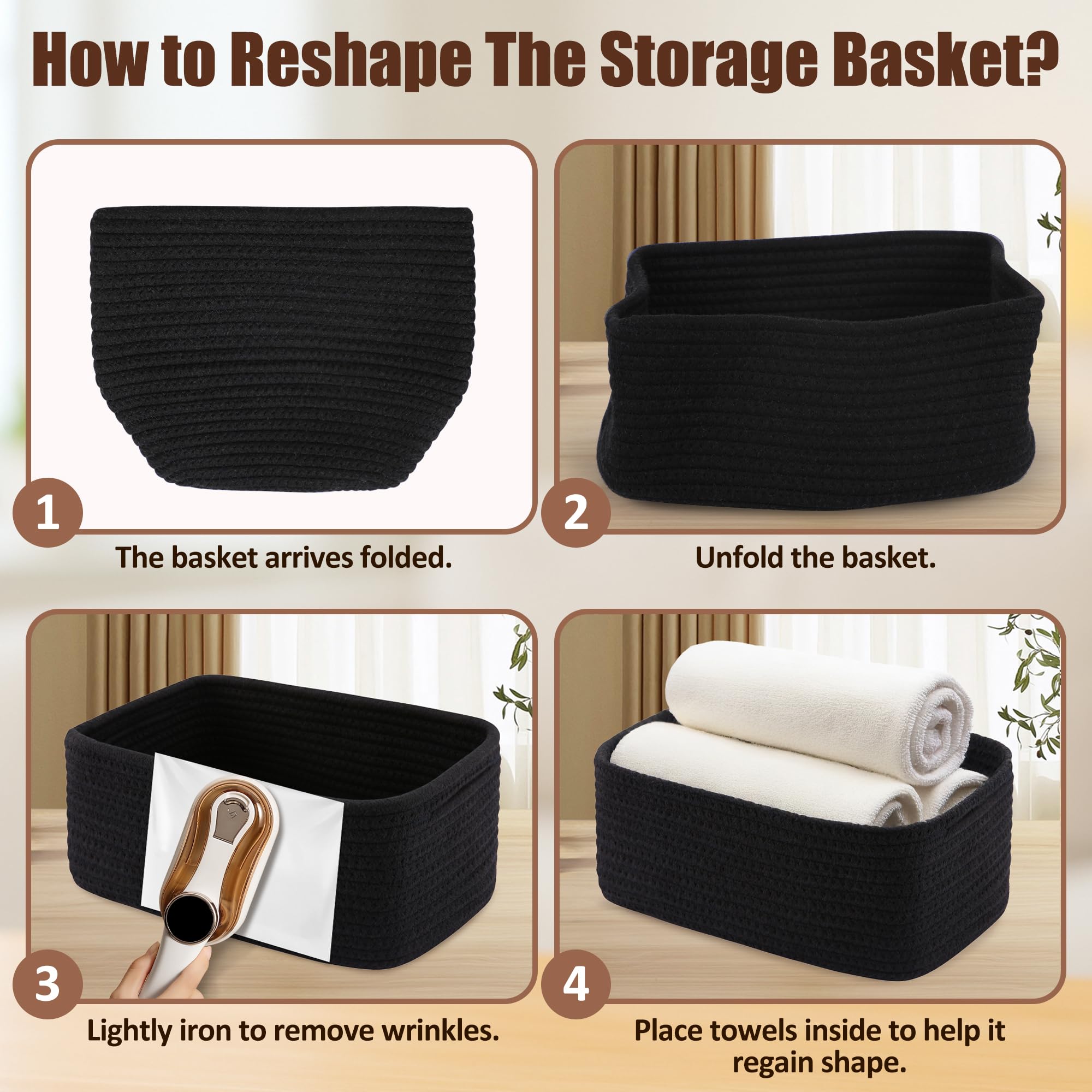 VIRETH HAUS cream and black baskets complement neutral decor on any shelf.