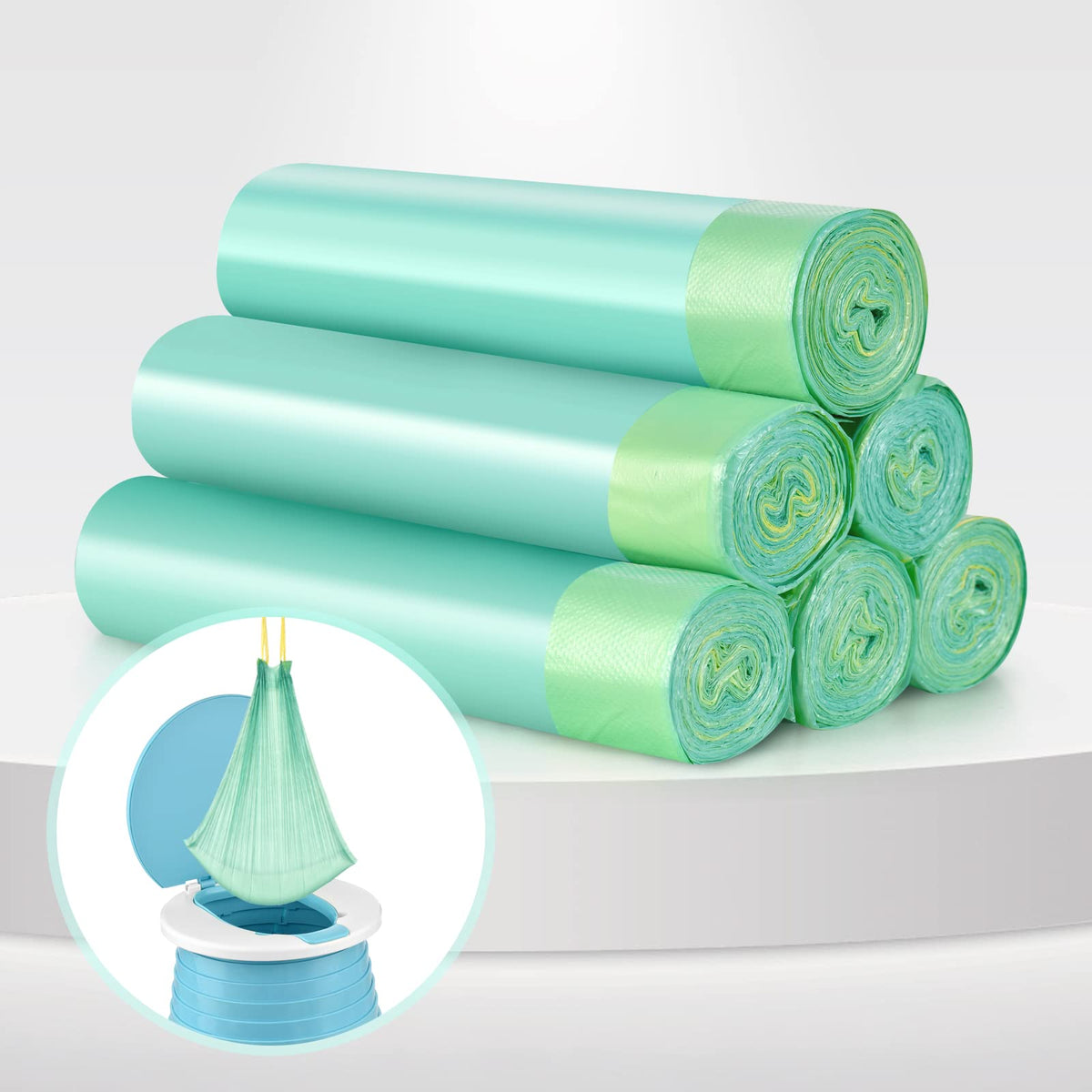 VISATOR drawstring potty liner close-up showing sanitary closure